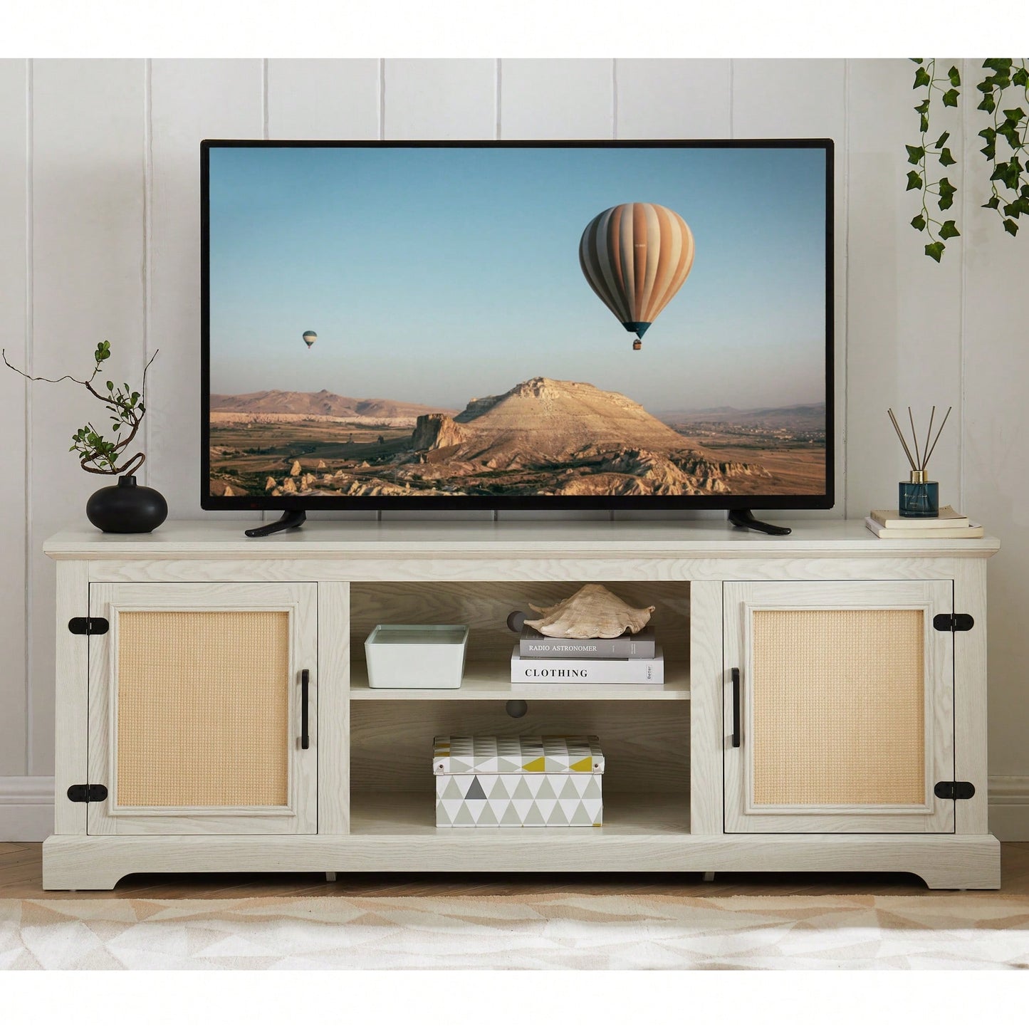 Farmhouse Rattan TV Stand Console Table For TVs Up To 70 Inches With Storage Shelves And Rattan Door Cabinets
