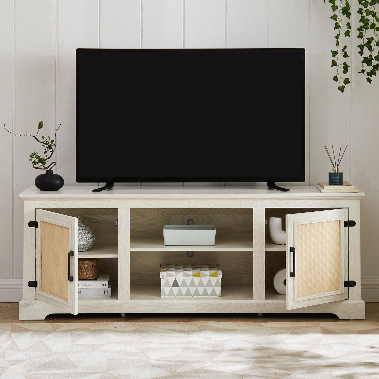 Farmhouse Rattan TV Stand Console Table For TVs Up To 70 Inches With Storage Shelves And Rattan Door Cabinets