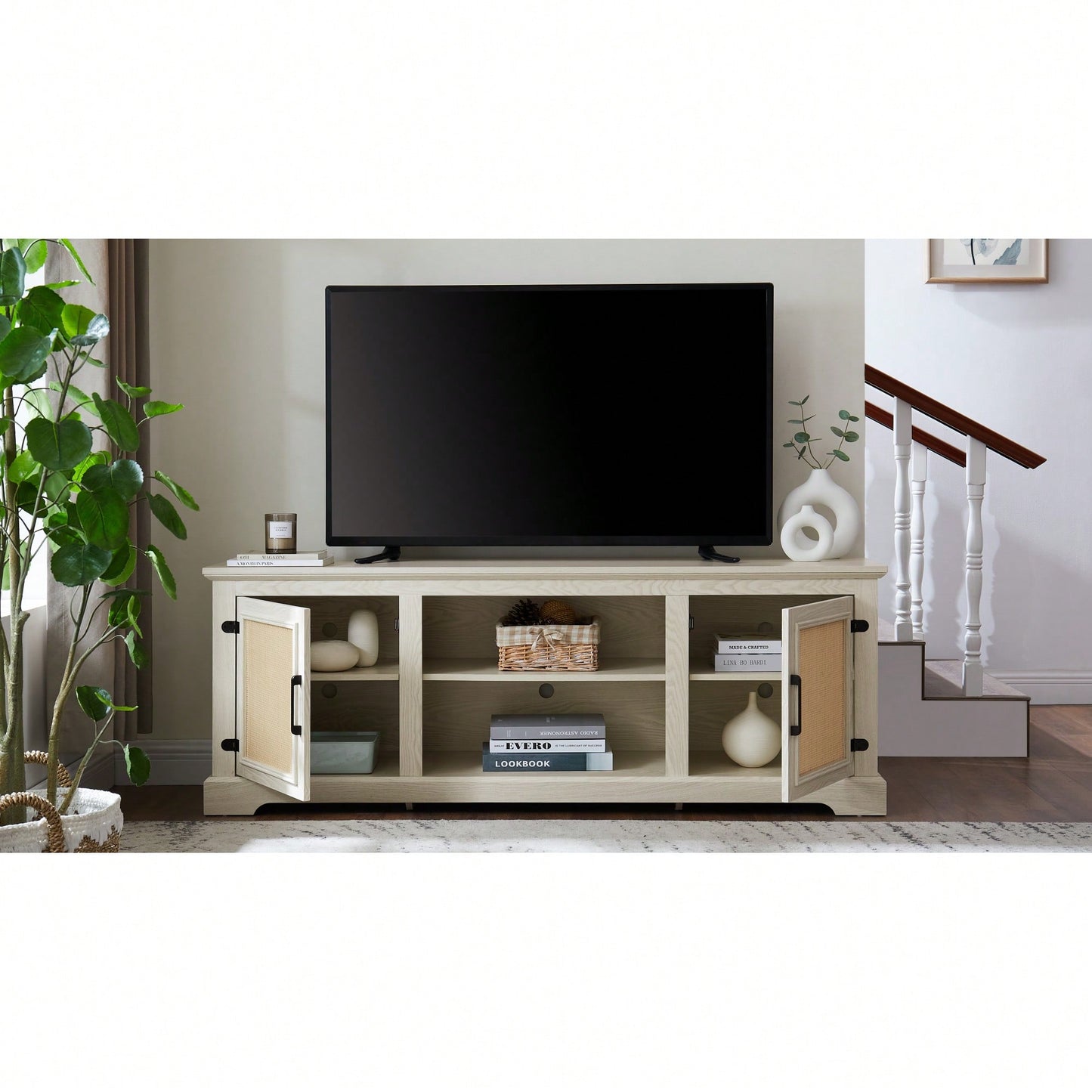 Farmhouse Rattan TV Stand Console Table For TVs Up To 70 Inches With Storage Shelves And Rattan Door Cabinets
