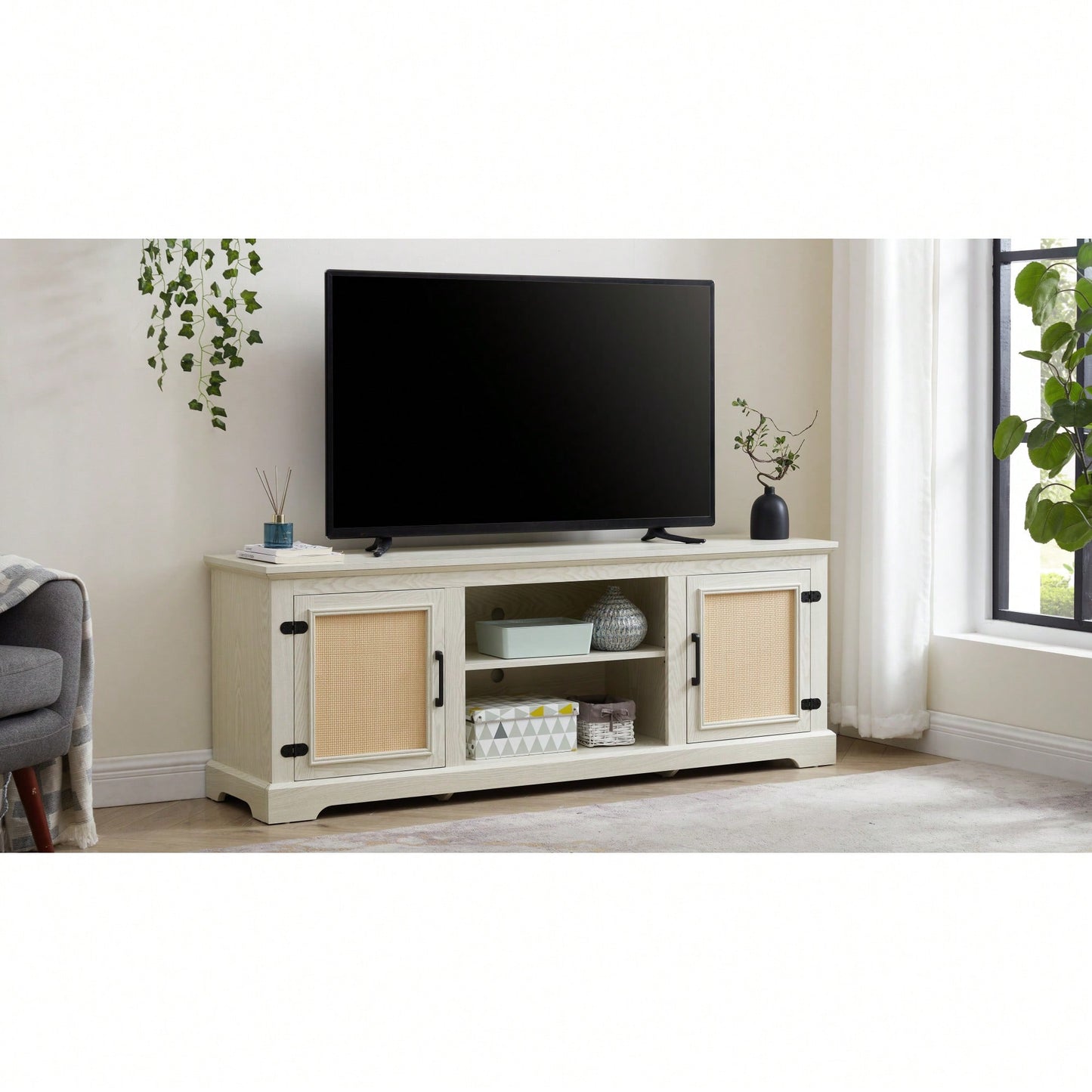Farmhouse Rattan TV Stand Console Table For TVs Up To 70 Inches With Storage Shelves And Rattan Door Cabinets