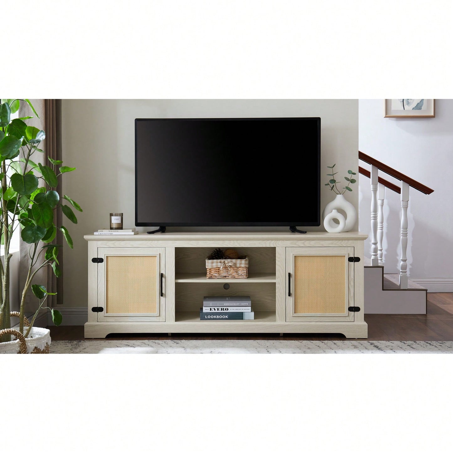 Farmhouse Rattan TV Stand Console Table For TVs Up To 70 Inches With Storage Shelves And Rattan Door Cabinets