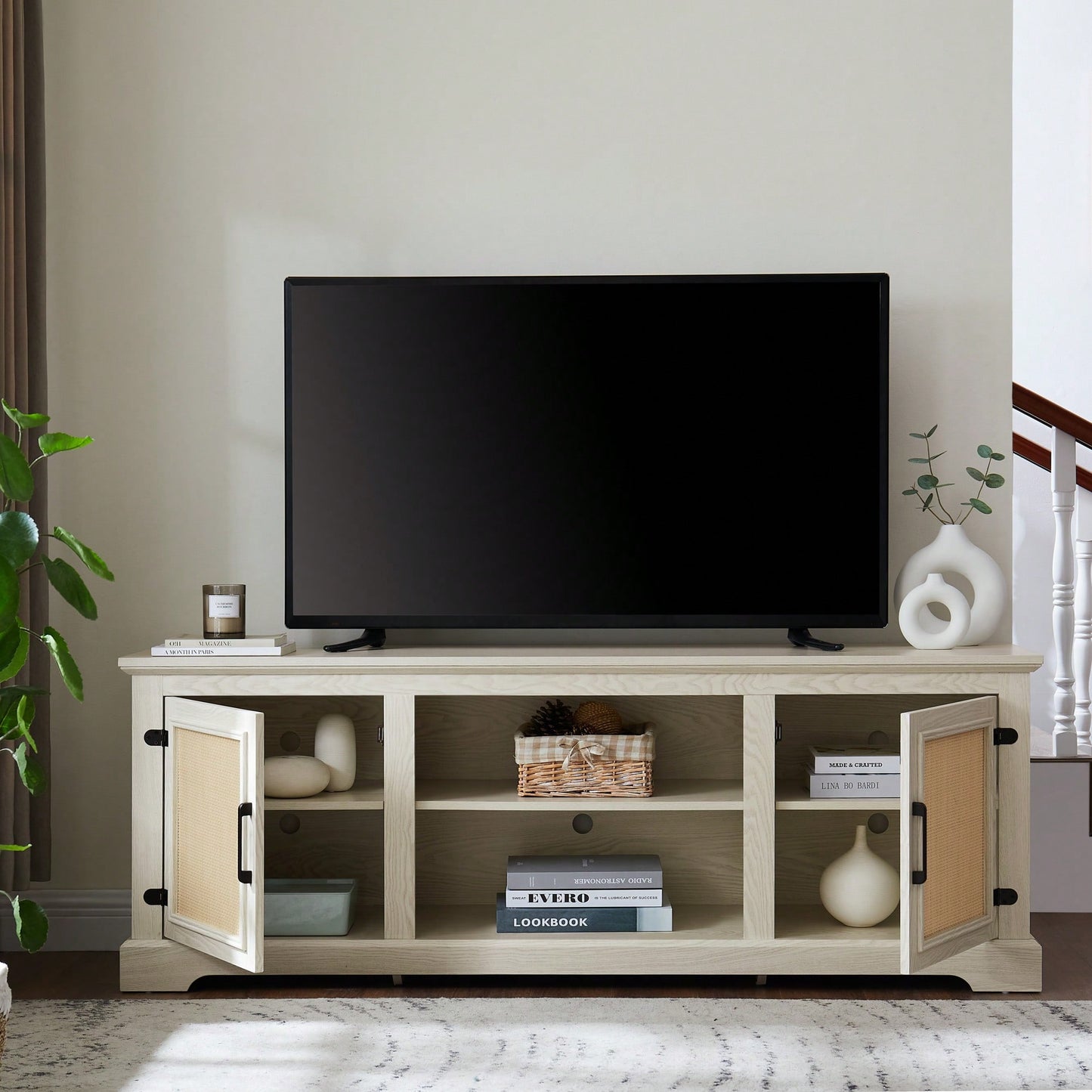 Farmhouse Rattan TV Stand Console Table For TVs Up To 70 Inches With Storage Shelves And Rattan Door Cabinets