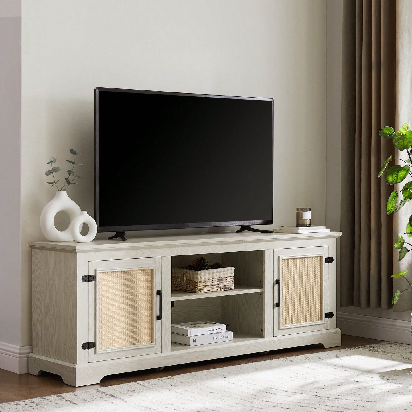 Farmhouse Rattan TV Stand Console Table For TVs Up To 70 Inches With Storage Shelves And Rattan Door Cabinets