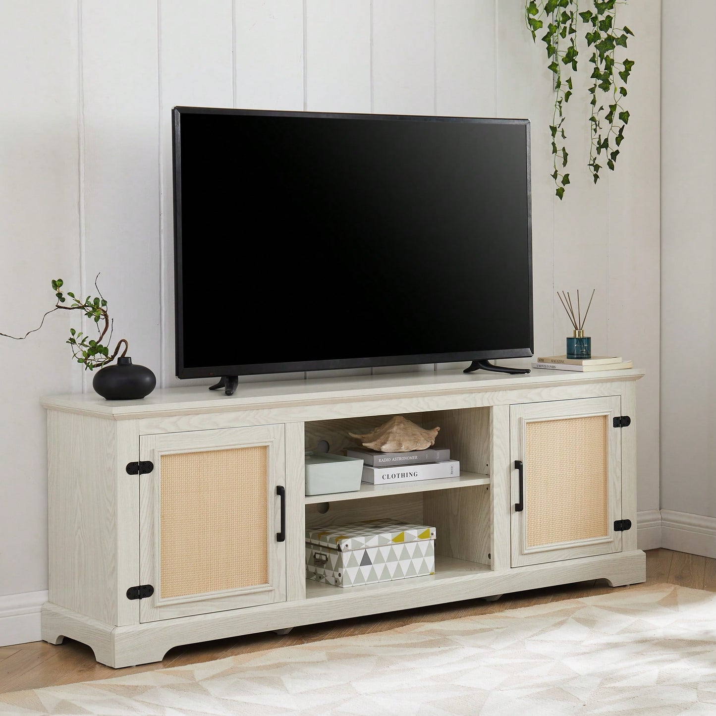 Farmhouse Rattan TV Stand Console Table For TVs Up To 70 Inches With Storage Shelves And Rattan Door Cabinets