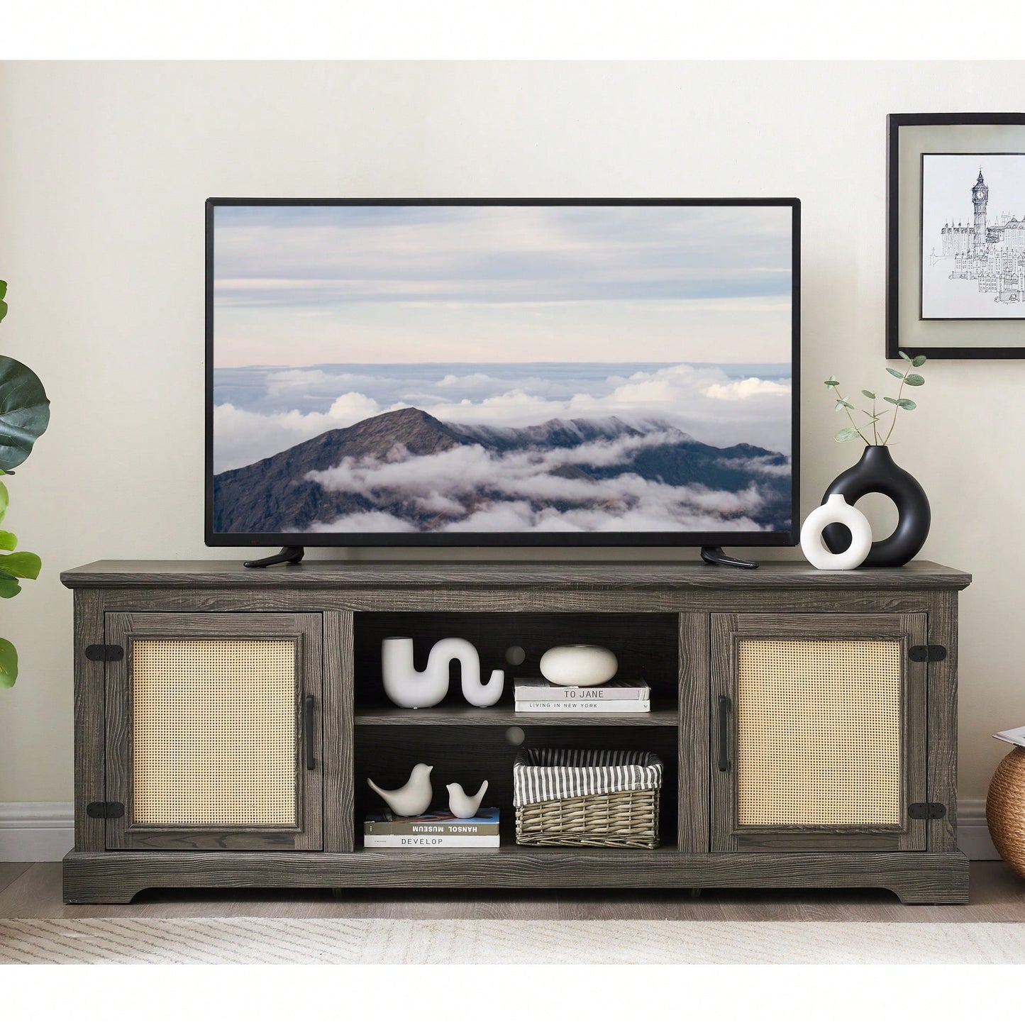 Farmhouse Rattan TV Stand Console Table For TVs Up To 70 Inches With Storage Shelves And Rattan Door Cabinets