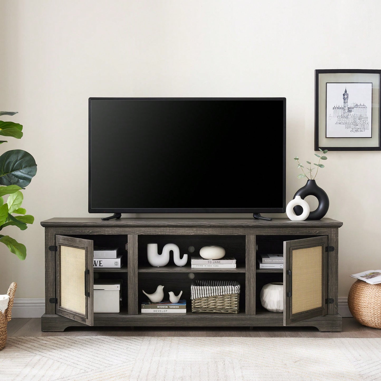Farmhouse Rattan TV Stand Console Table For TVs Up To 70 Inches With Storage Shelves And Rattan Door Cabinets