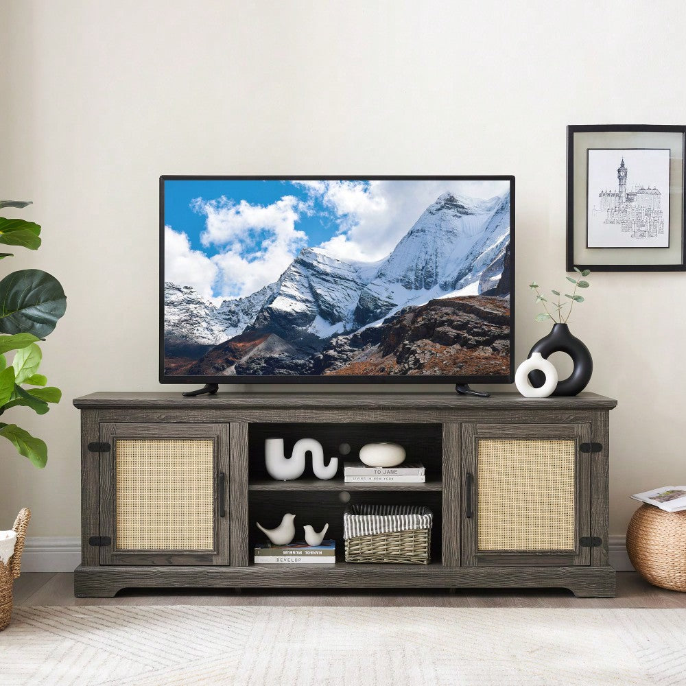 Farmhouse Rattan TV Stand Console Table For TVs Up To 70 Inches With Storage Shelves And Rattan Door Cabinets