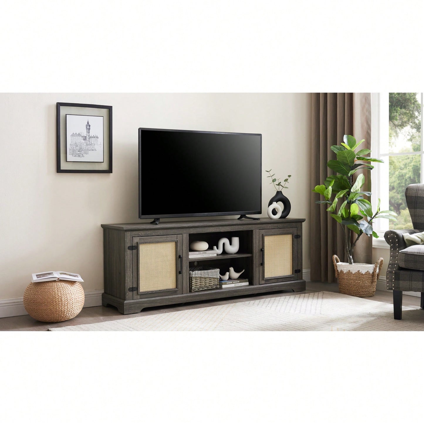 Farmhouse Rattan TV Stand Console Table For TVs Up To 70 Inches With Storage Shelves And Rattan Door Cabinets