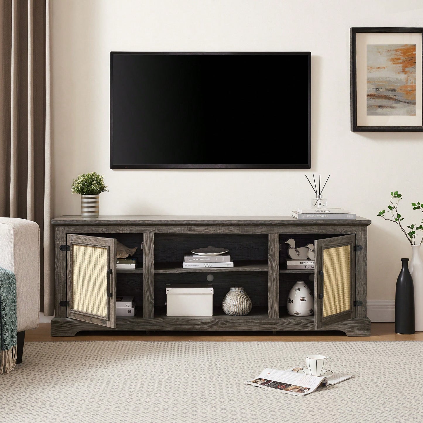 Farmhouse Rattan TV Stand Console Table For TVs Up To 70 Inches With Storage Shelves And Rattan Door Cabinets