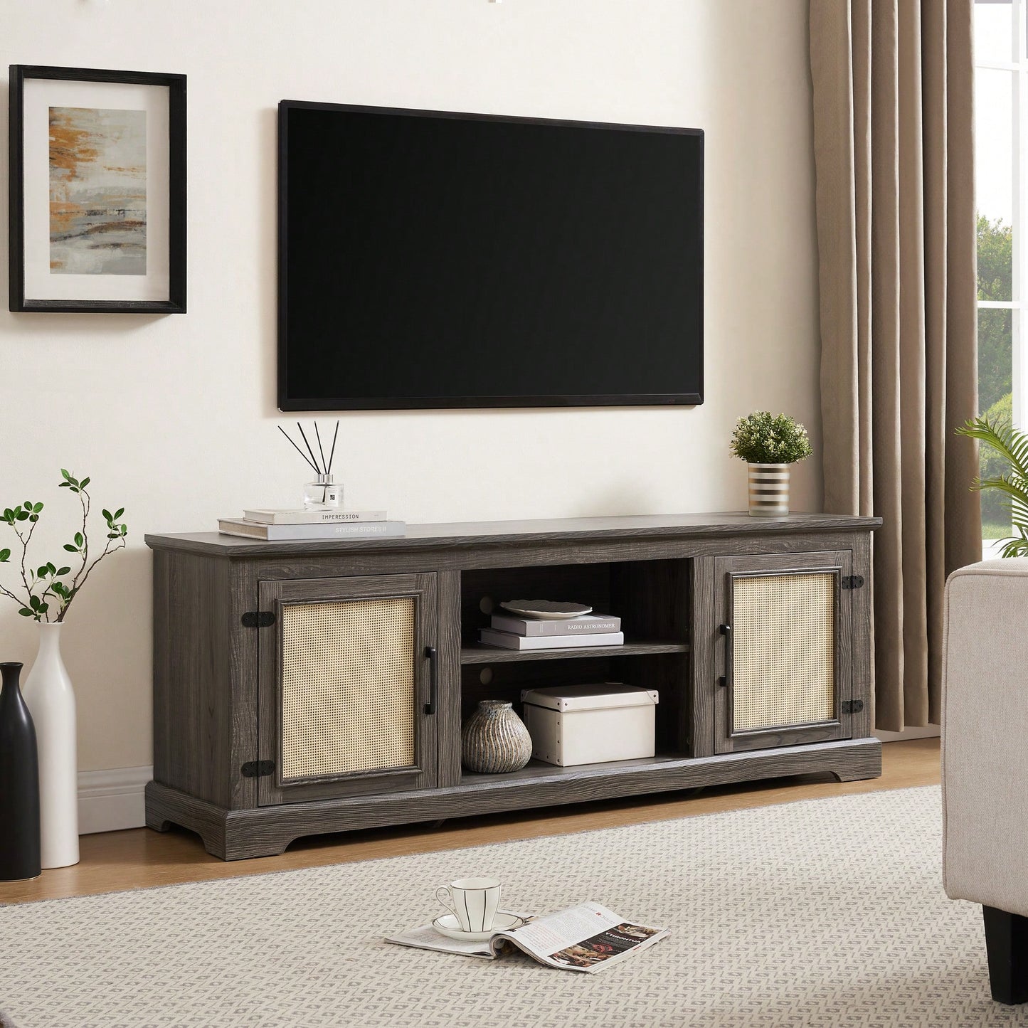 Farmhouse Rattan TV Stand Console Table For TVs Up To 70 Inches With Storage Shelves And Rattan Door Cabinets
