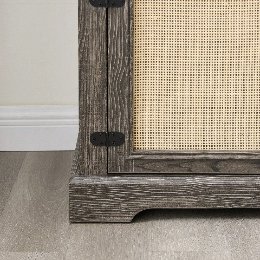 Farmhouse Rattan TV Stand Console Table For TVs Up To 70 Inches With Storage Shelves And Rattan Door Cabinets