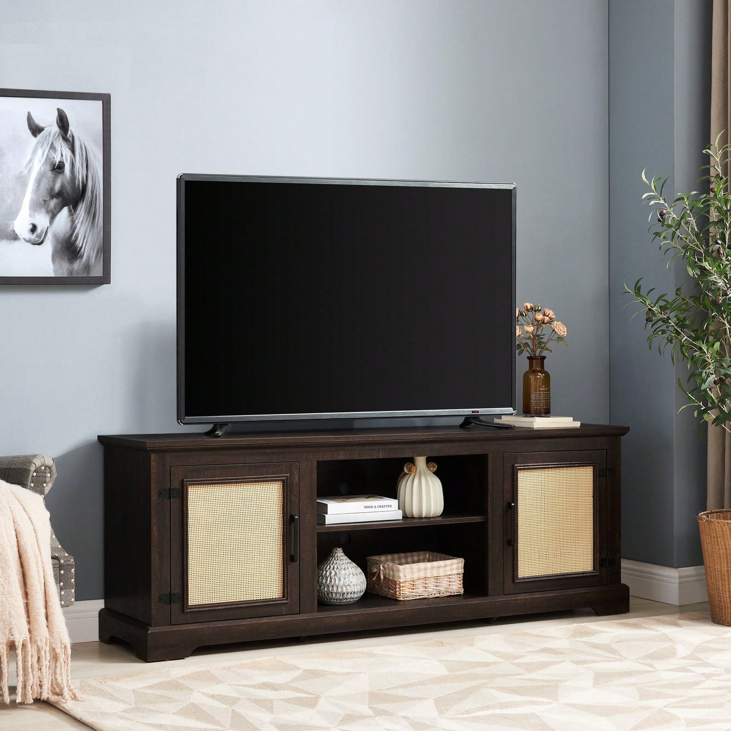 Farmhouse Rattan TV Stand Console Table For TVs Up To 70 Inches With Storage Shelves And Rattan Door Cabinets