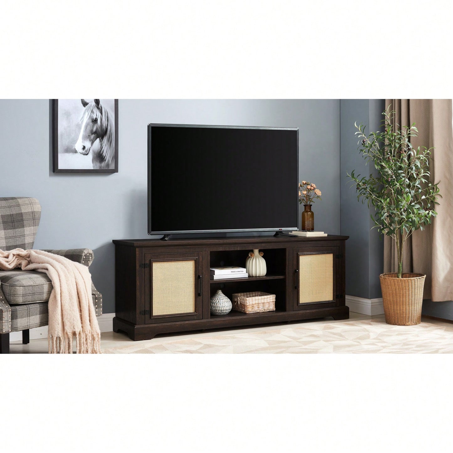 Farmhouse Rattan TV Stand Console Table For TVs Up To 70 Inches With Storage Shelves And Rattan Door Cabinets