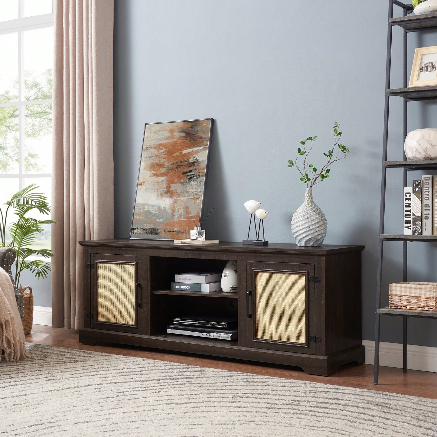 Farmhouse Rattan TV Stand Console Table For TVs Up To 70 Inches With Storage Shelves And Rattan Door Cabinets