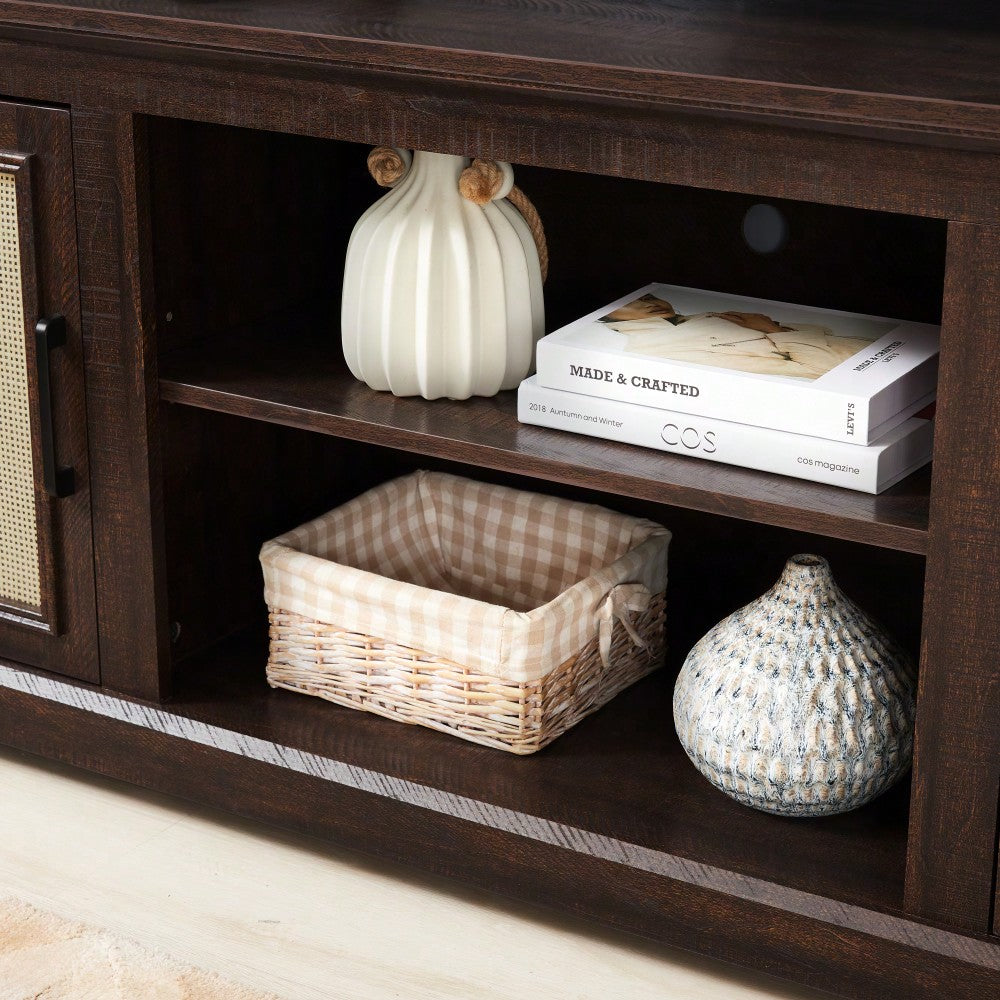 Farmhouse Rattan TV Stand Console Table For TVs Up To 70 Inches With Storage Shelves And Rattan Door Cabinets
