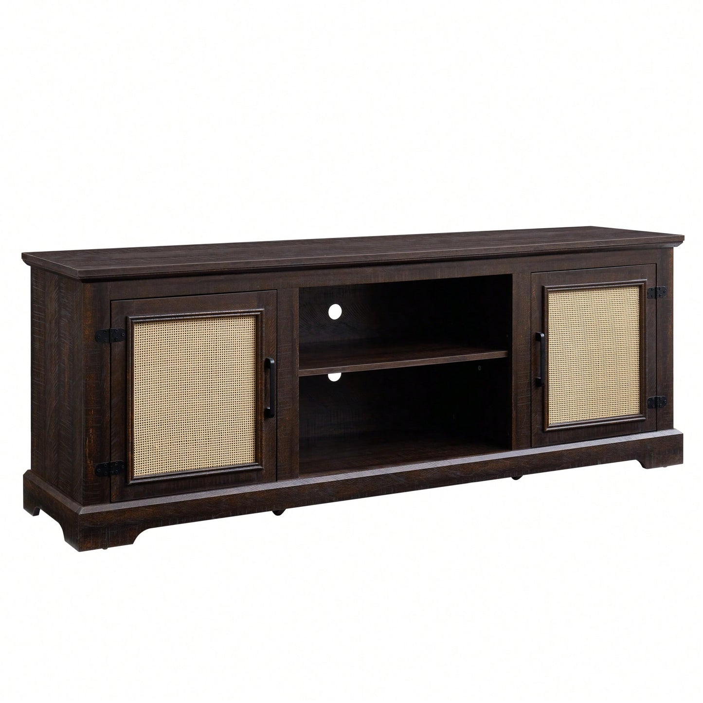 Farmhouse Rattan TV Stand Console Table For TVs Up To 70 Inches With Storage Shelves And Rattan Door Cabinets