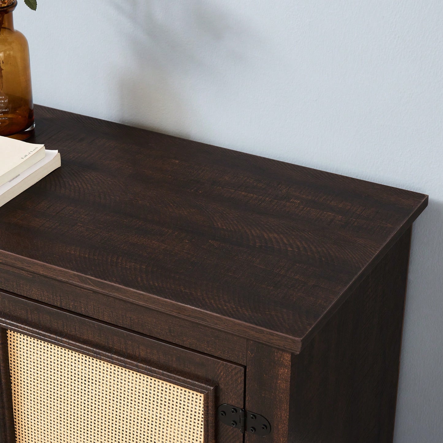 Farmhouse Rattan TV Stand Console Table For TVs Up To 70 Inches With Storage Shelves And Rattan Door Cabinets