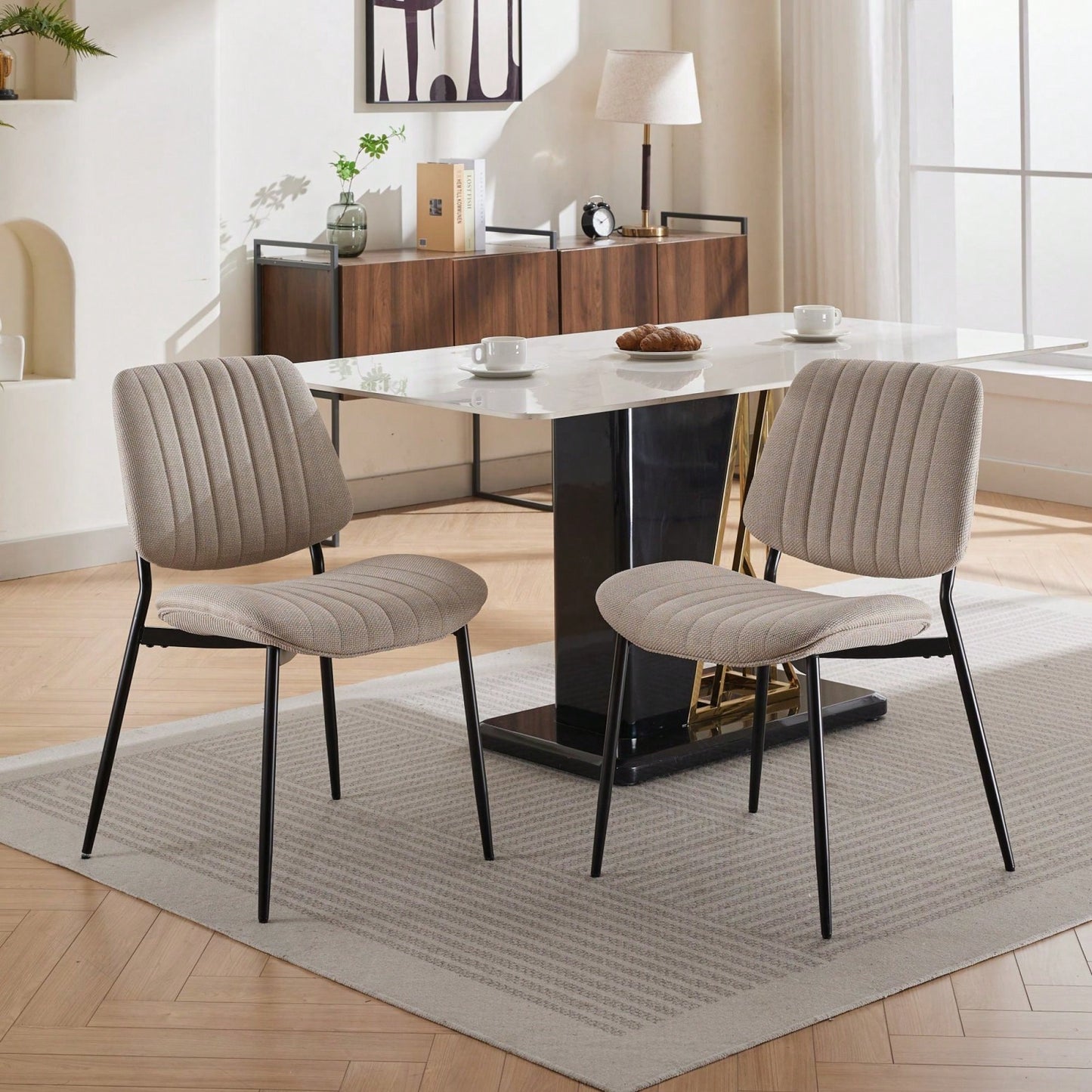 Modern Retro Linen Dining Chairs Set Of 2 With Ergonomic Backrest And Metal Legs For Kitchen And Dining Room Beige