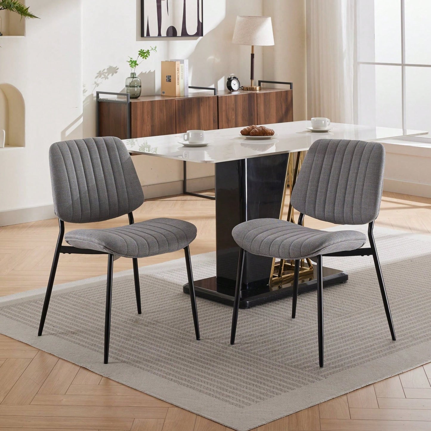 Modern Retro Linen Dining Chairs Set Of 2 With Ergonomic Backrest And Metal Legs For Kitchen And Dining Room Beige
