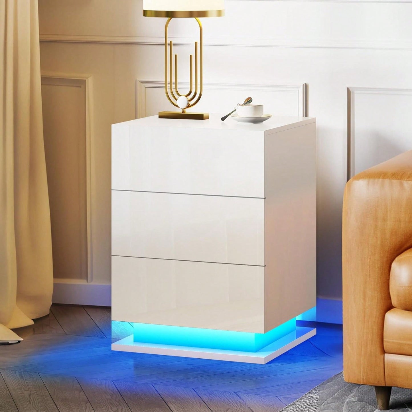Modern LED Nightstand With 3 Drawers And RGB Lighting, Stylish Bedside Table For Bedroom Decor