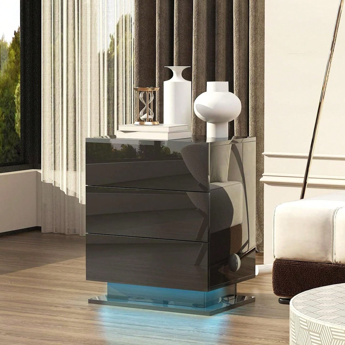Modern LED Nightstand With 3 Drawers And RGB Lighting, Stylish Bedside Table For Bedroom Decor