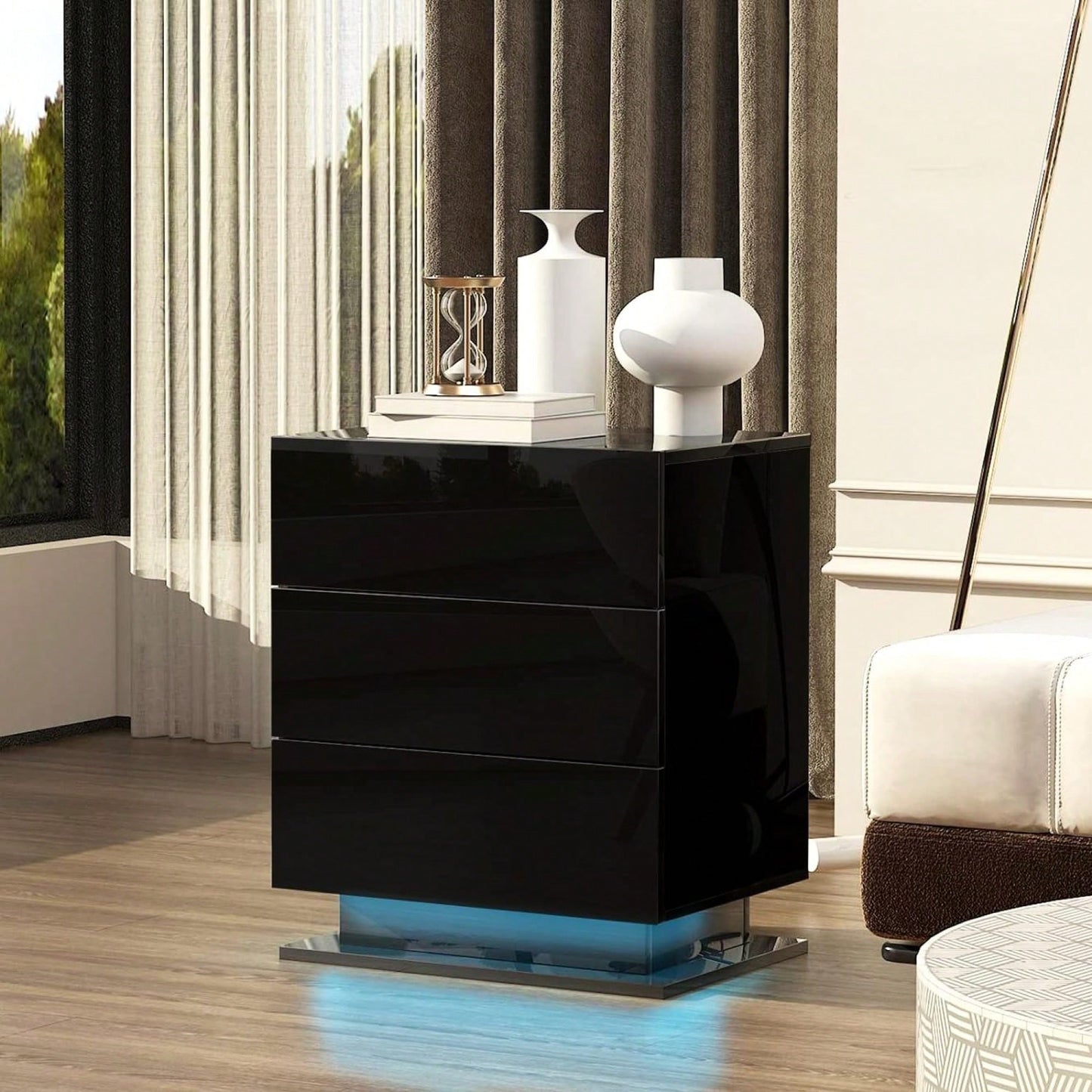 Modern LED Nightstand With 3 Drawers And RGB Lighting, Stylish Bedside Table For Bedroom Decor