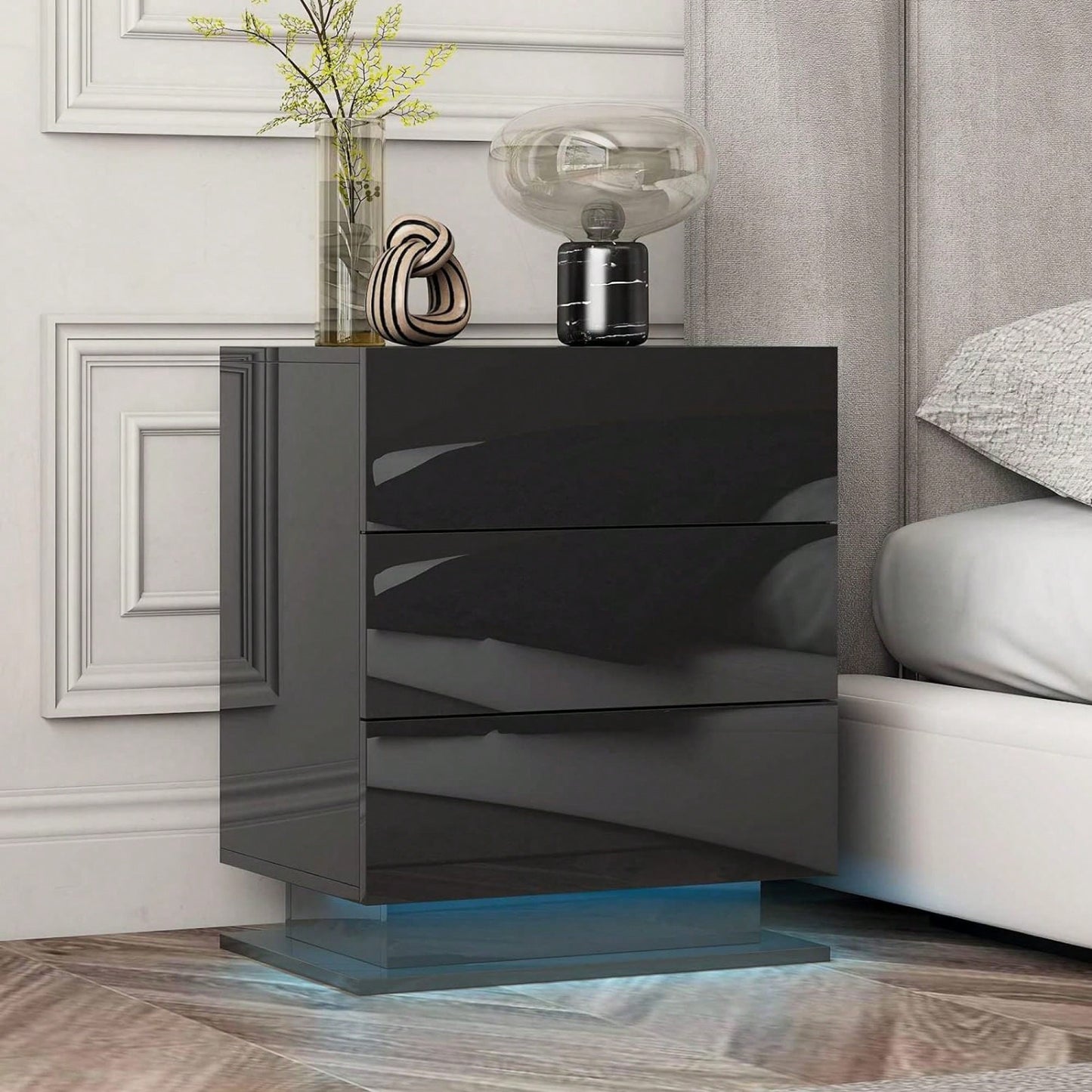 Modern LED Nightstand With 3 Drawers And RGB Lighting, Stylish Bedside Table For Bedroom Decor