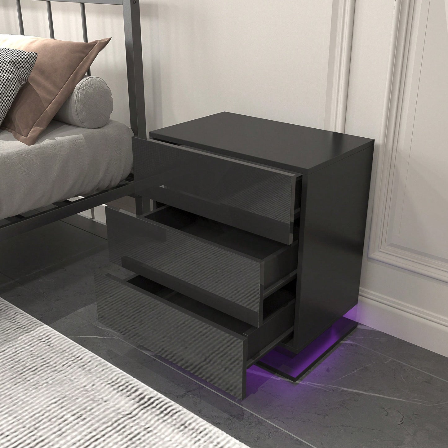 Modern LED Nightstand With 3 Drawers And RGB Lighting, Stylish Bedside Table For Bedroom Decor
