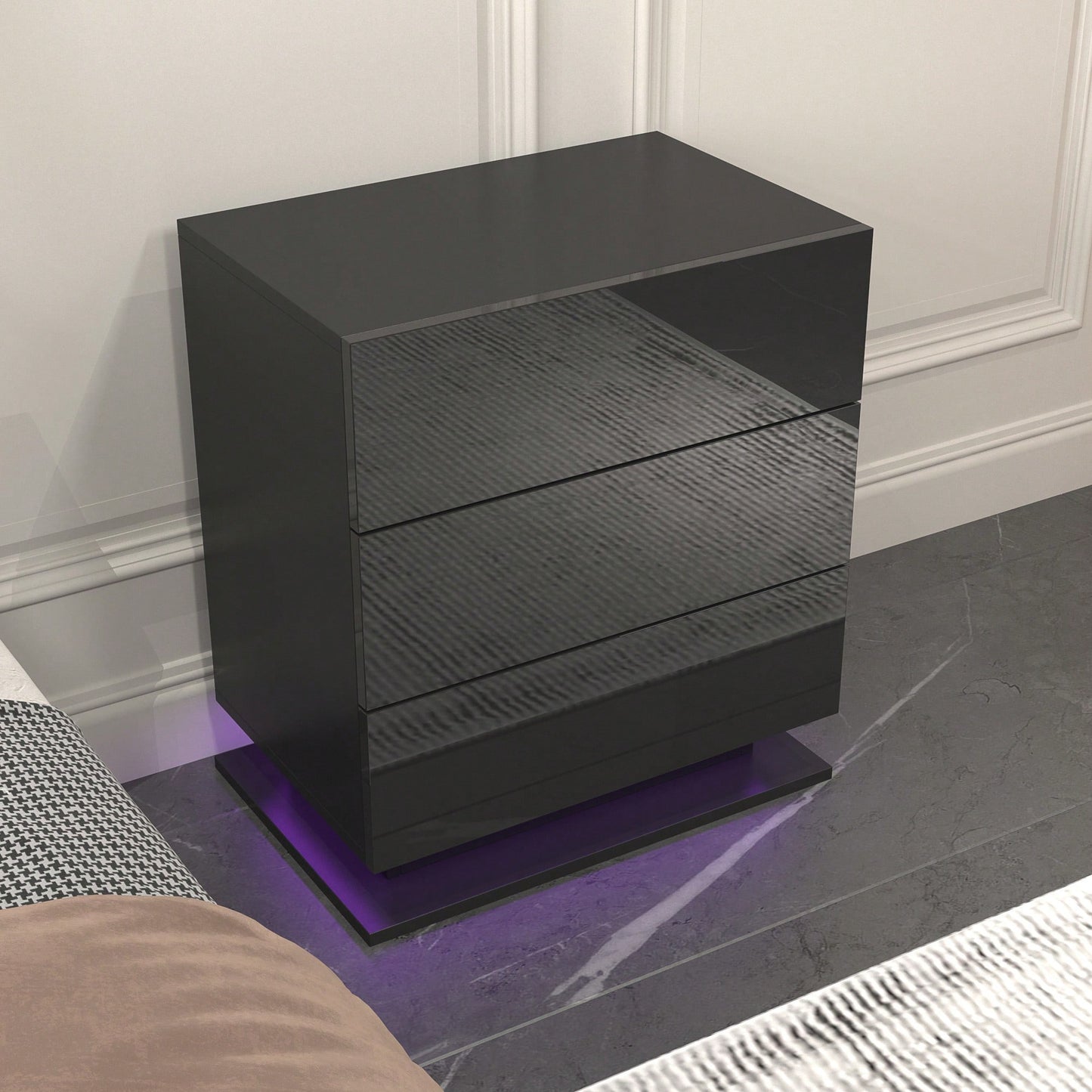 Modern LED Nightstand With 3 Drawers And RGB Lighting, Stylish Bedside Table For Bedroom Decor