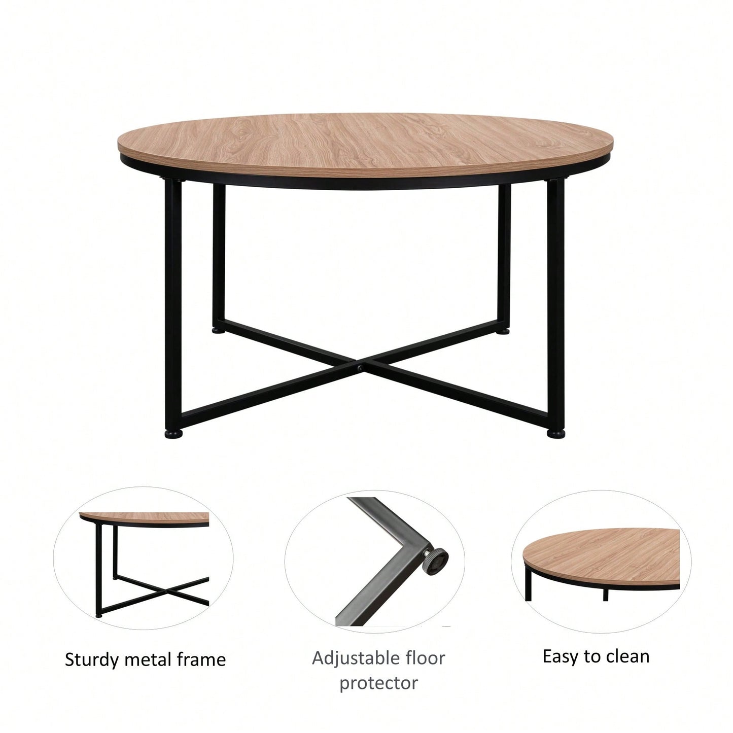 Modern Round Metal And Wood Coffee Table For Living Room With Adjustable Floor Protectors And Easy Clean Surface
