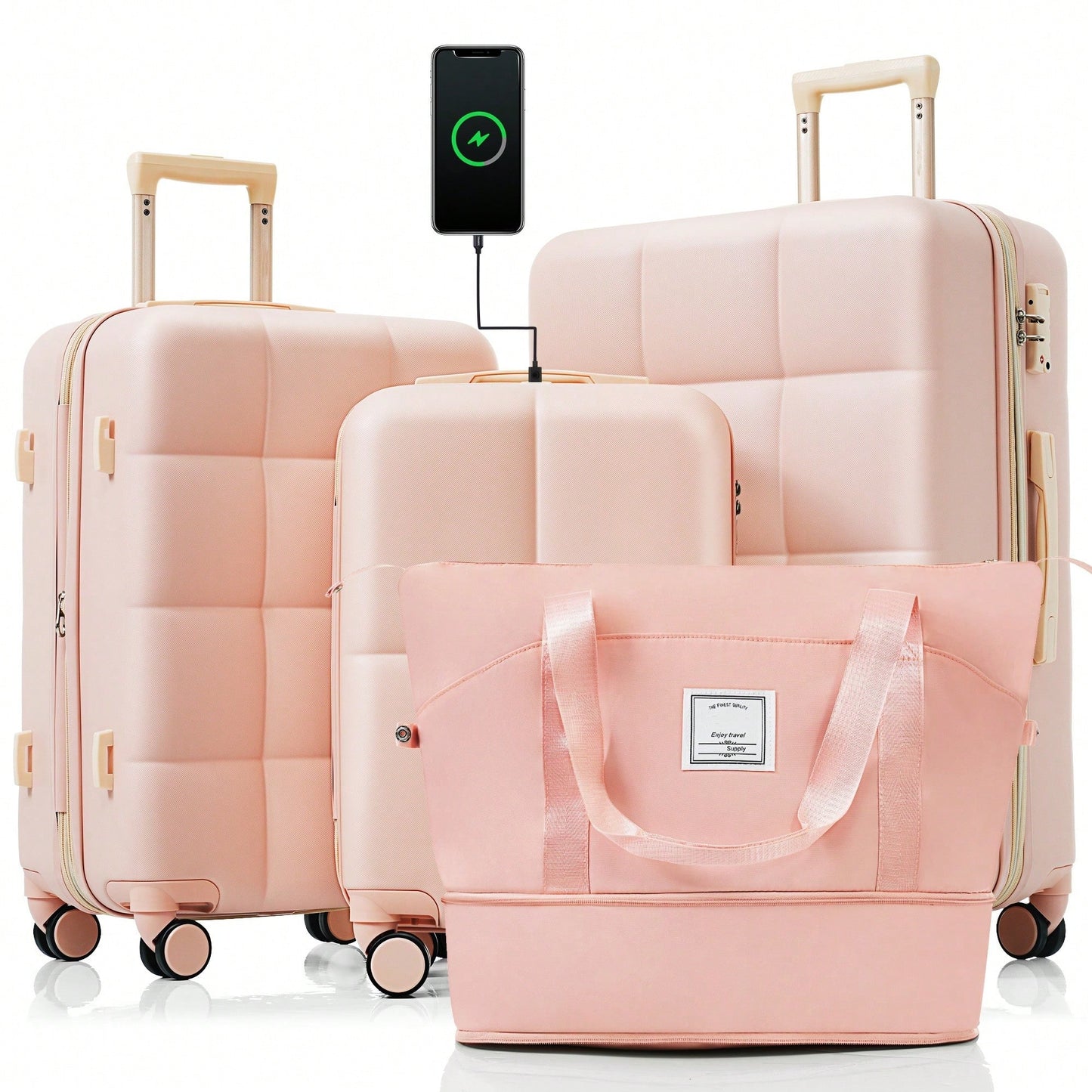 4 Piece Expandable Luggage Set With USB Port 20 Inch Carry On Durable ABS Hard Shell Suitcase Spinner Wheels Travel Bag And Cup Holder