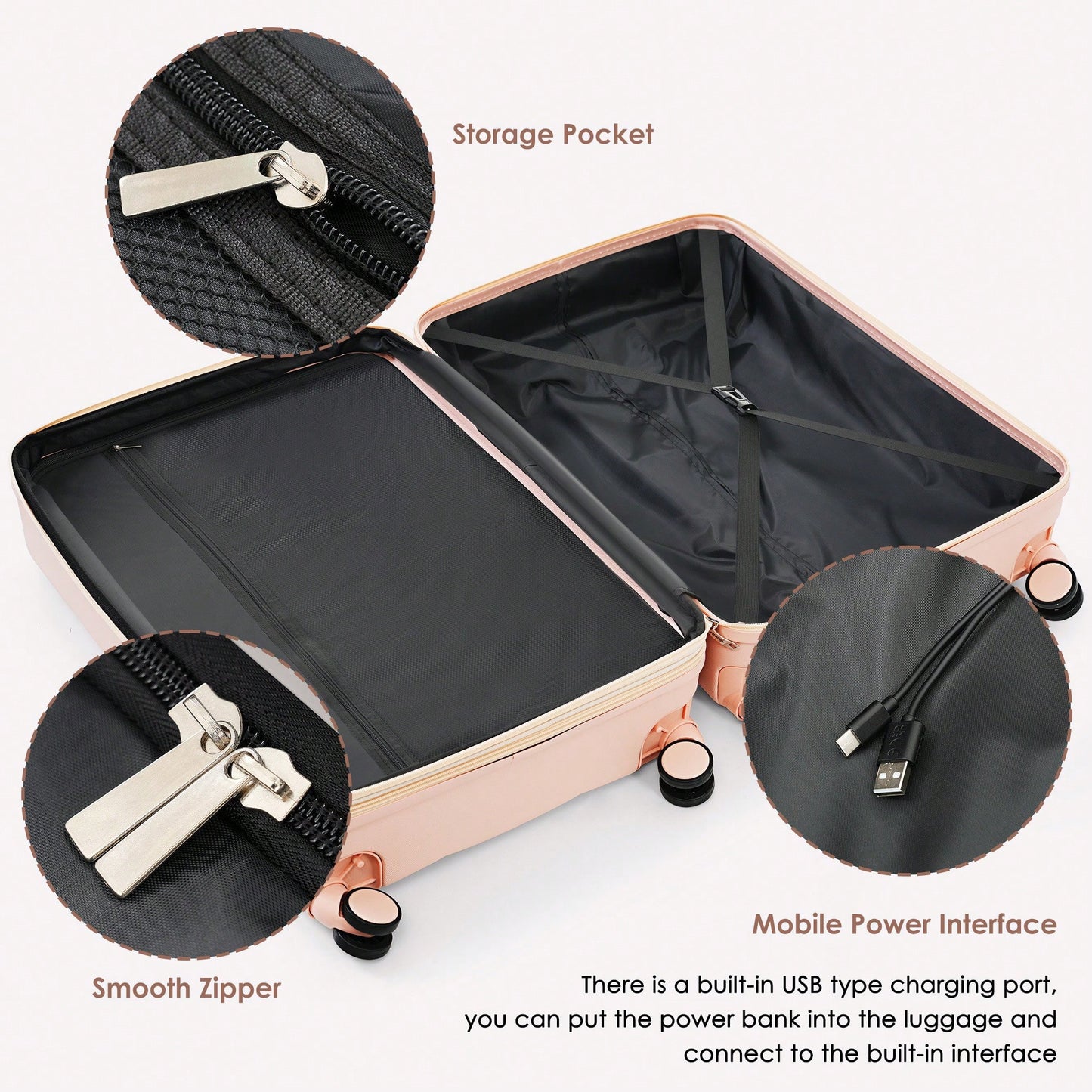 4 Piece Expandable Luggage Set With USB Port 20 Inch Carry On Durable ABS Hard Shell Suitcase Spinner Wheels Travel Bag And Cup Holder