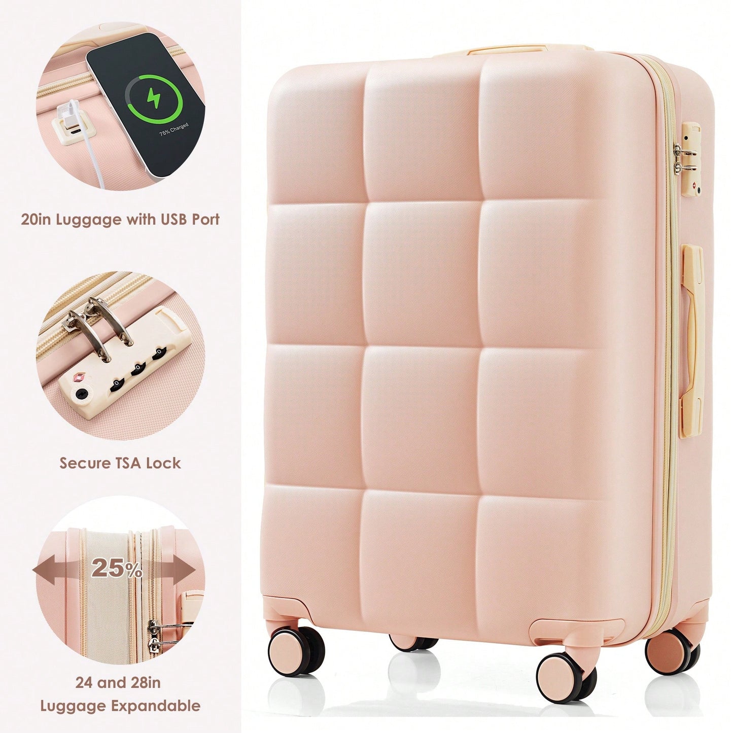 4 Piece Expandable Luggage Set With USB Port 20 Inch Carry On Durable ABS Hard Shell Suitcase Spinner Wheels Travel Bag And Cup Holder