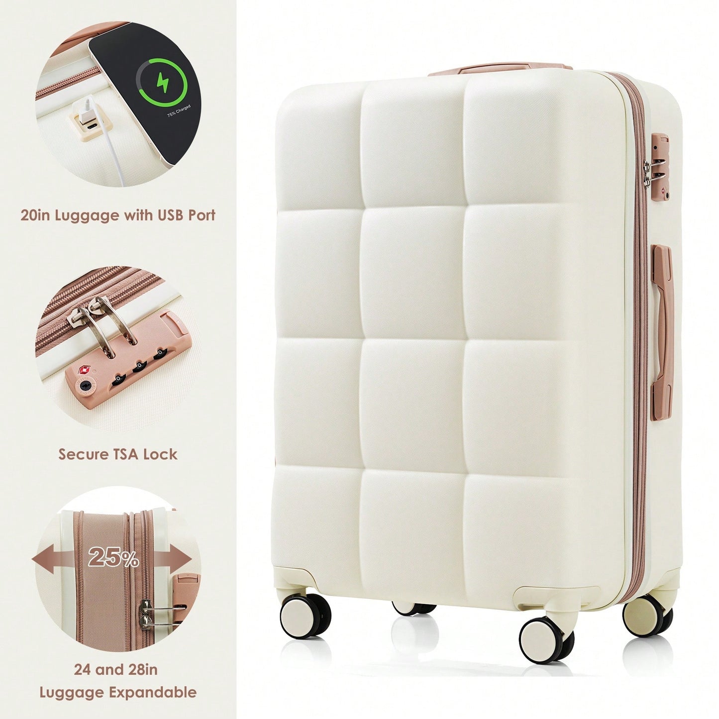4 Piece Expandable Luggage Set With USB Port 20 Inch Carry On Durable ABS Hard Shell Suitcase Spinner Wheels Travel Bag And Cup Holder
