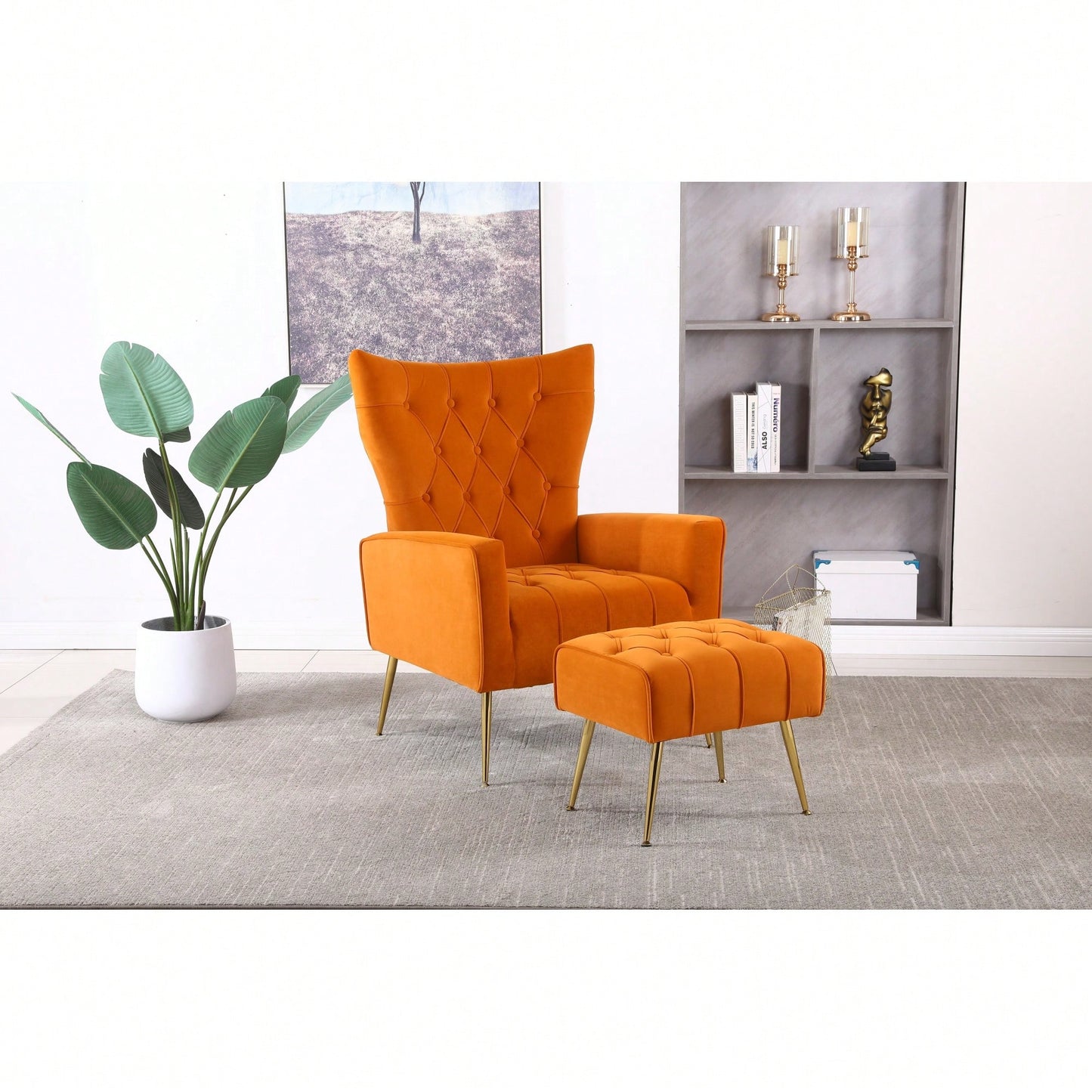 Modern Velvet Accent Chair With Ottoman For Living Room Bedroom Office Comfortable Seating In Orange
