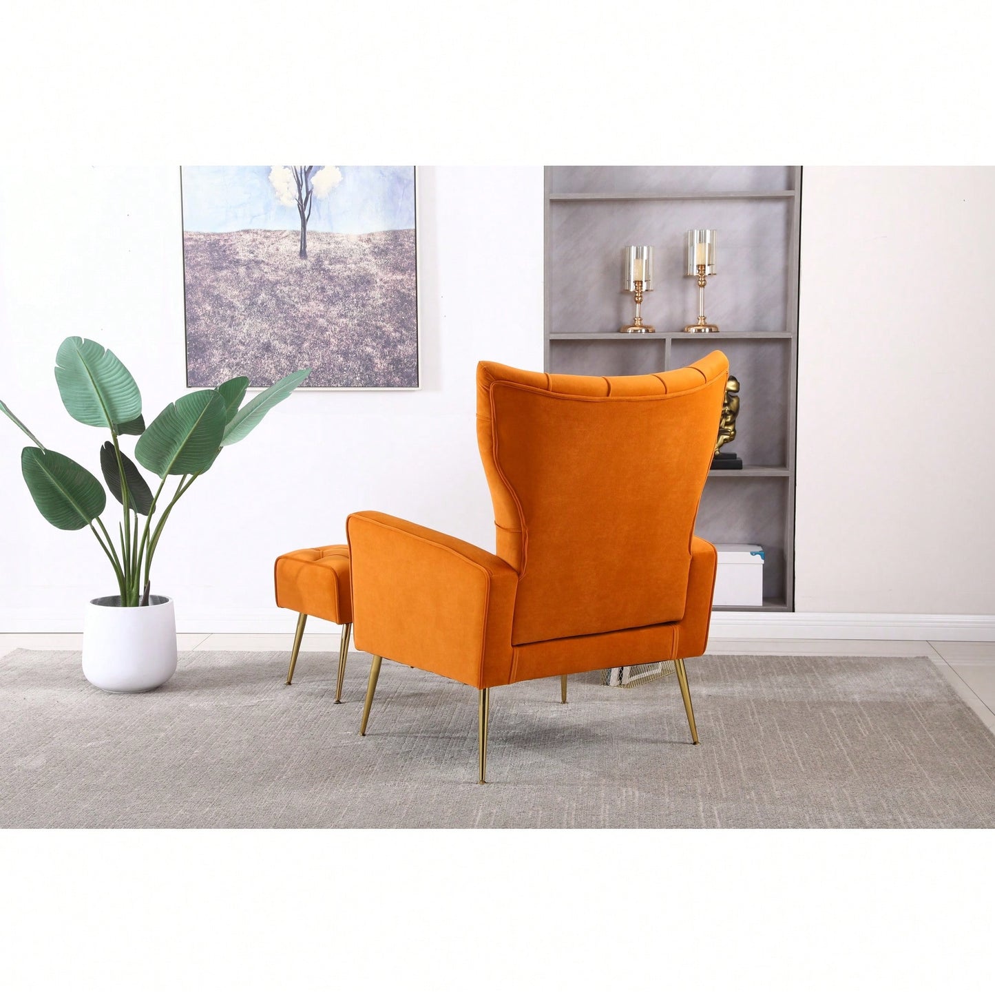 Modern Velvet Accent Chair With Ottoman For Living Room Bedroom Office Comfortable Seating In Orange