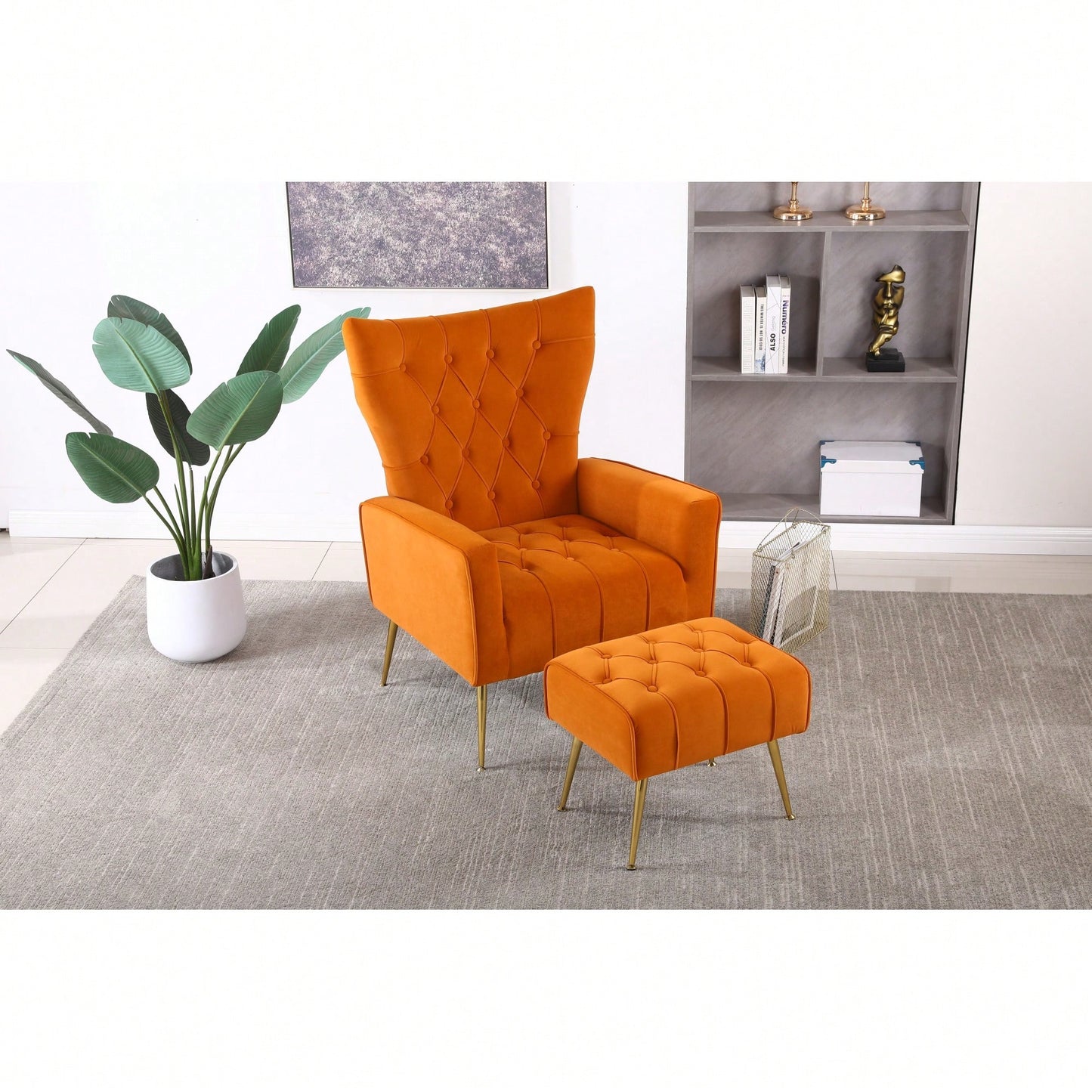 Modern Velvet Accent Chair With Ottoman For Living Room Bedroom Office Comfortable Seating In Orange