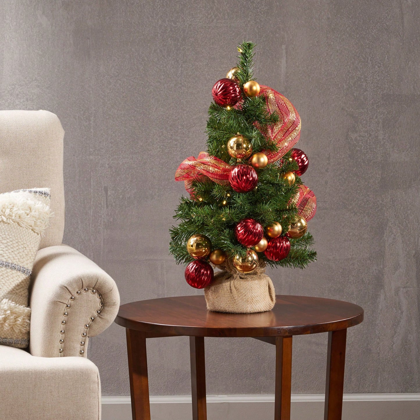 Red And Gold Burlap Christmas Tree With 50 Warm White LED Lights Battery Operated No Assembly Required