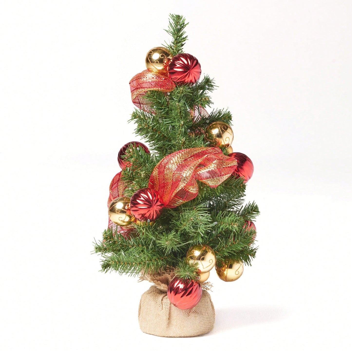 Red And Gold Burlap Christmas Tree With 50 Warm White LED Lights Battery Operated No Assembly Required