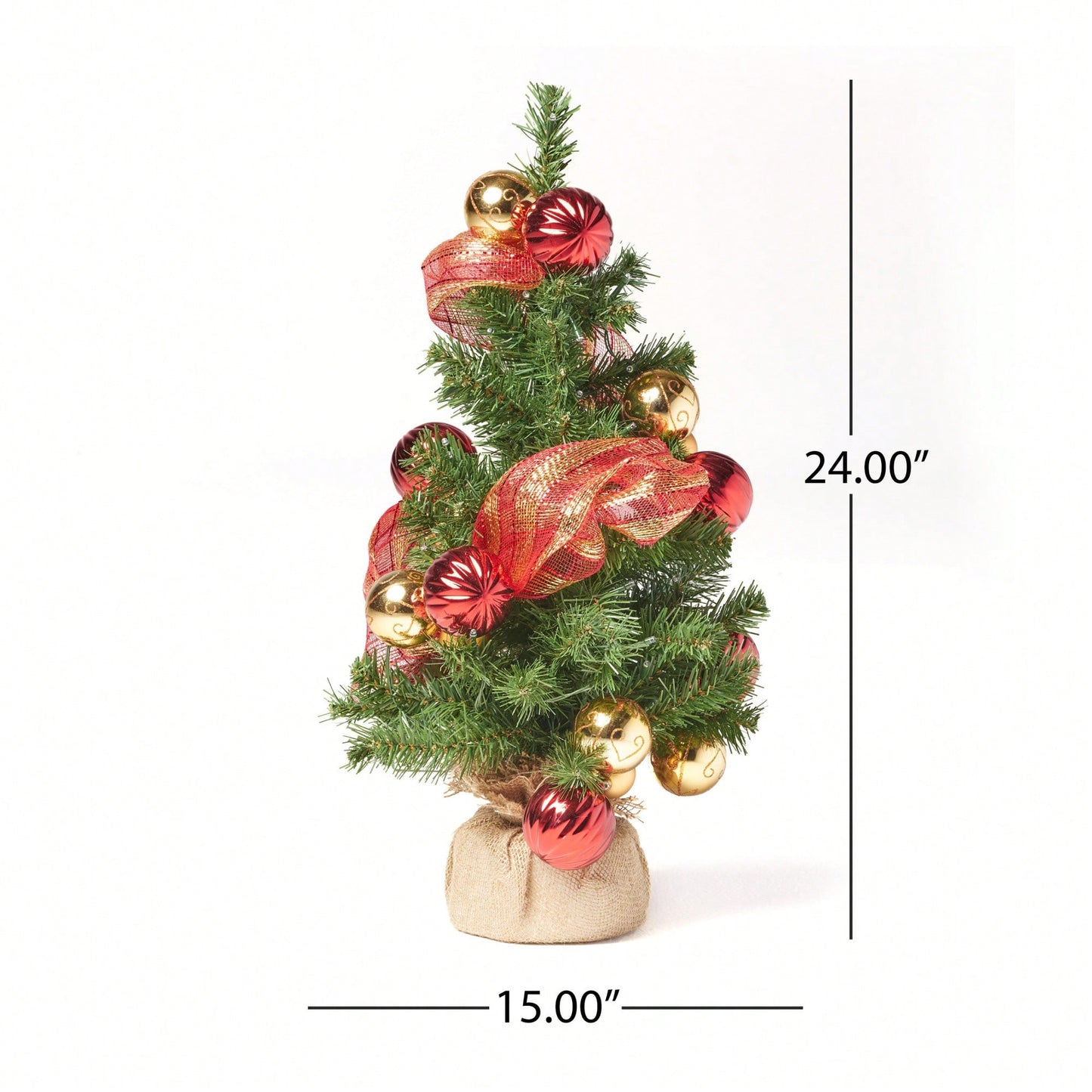 Red And Gold Burlap Christmas Tree With 50 Warm White LED Lights Battery Operated No Assembly Required