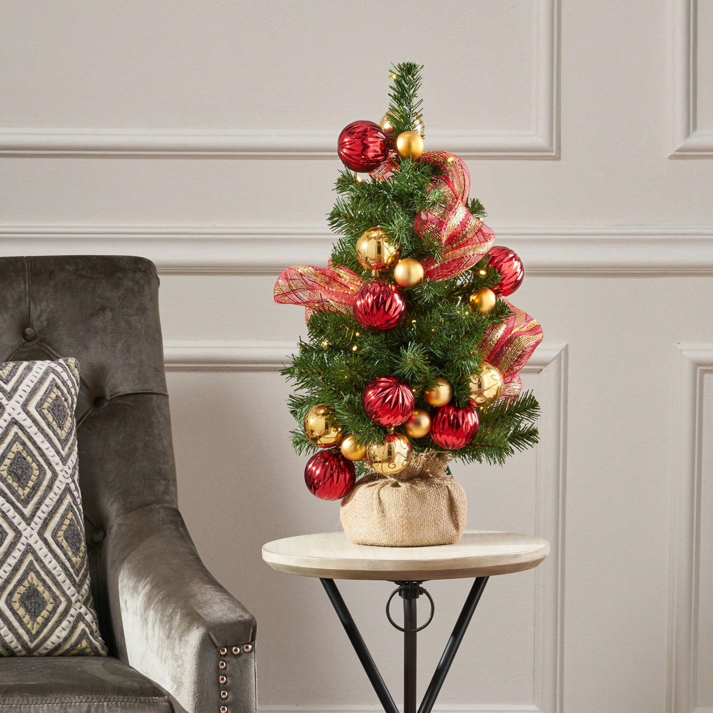 Red And Gold Burlap Christmas Tree With 50 Warm White LED Lights Battery Operated No Assembly Required