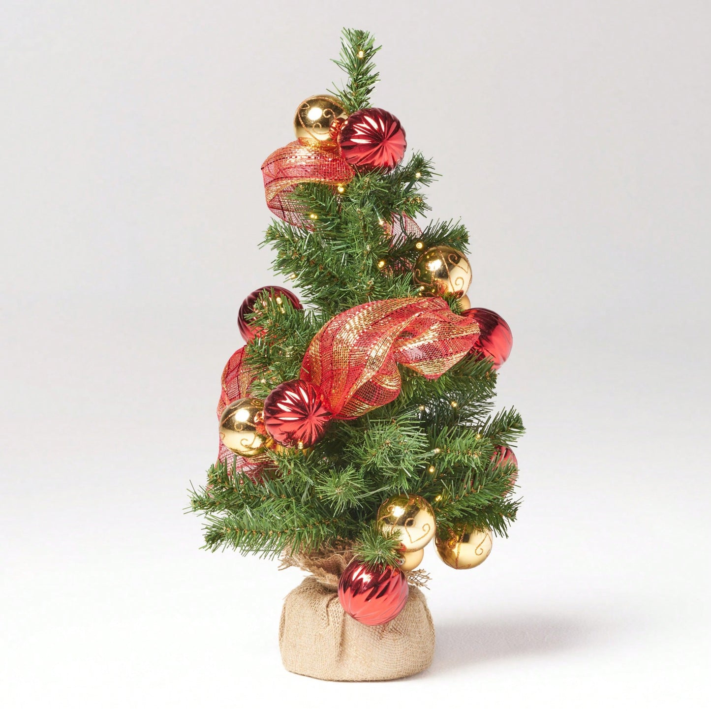 Red And Gold Burlap Christmas Tree With 50 Warm White LED Lights Battery Operated No Assembly Required