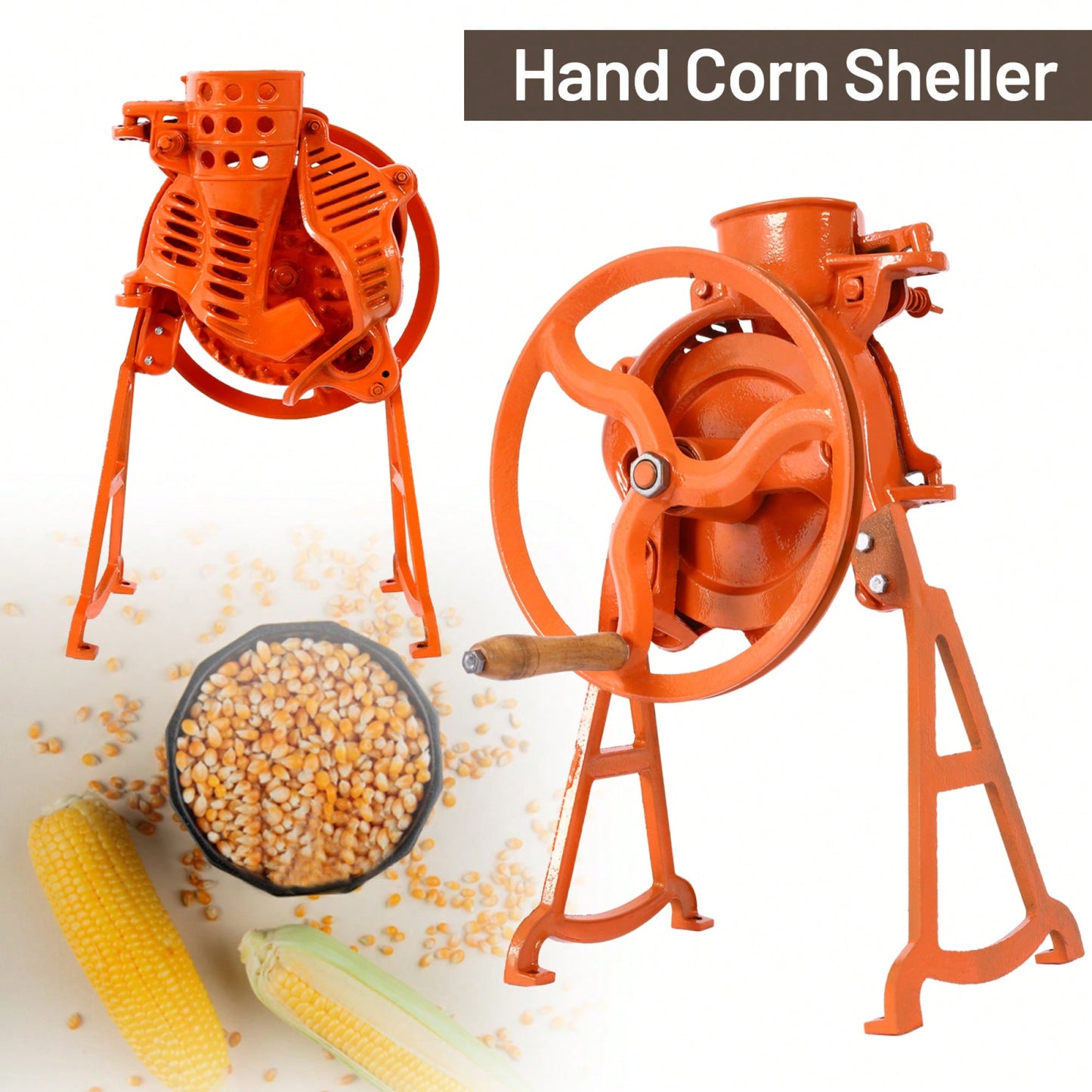 Heavy Duty Manual Corn Sheller with Wooden Handle Cast Iron Thresher Adjustable Size for Efficient Corn and Walnut Shelling