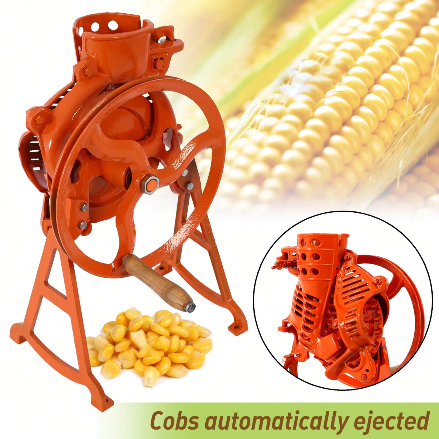 Heavy Duty Manual Corn Sheller with Wooden Handle Cast Iron Thresher Adjustable Size for Efficient Corn and Walnut Shelling