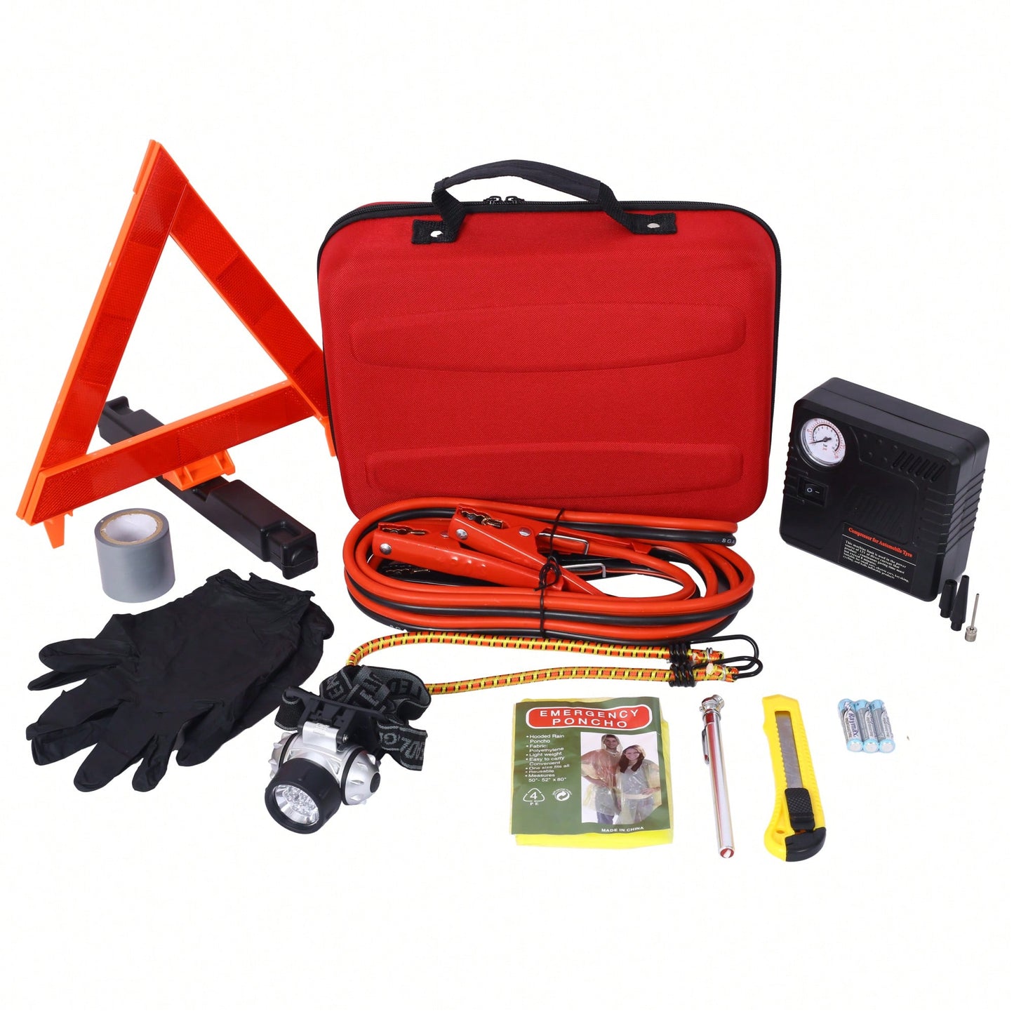 Emergency Car Safety Kit With 12V Air Compressor, Jumper Cables, First Aid Supplies, And Roadside Assistance Tools