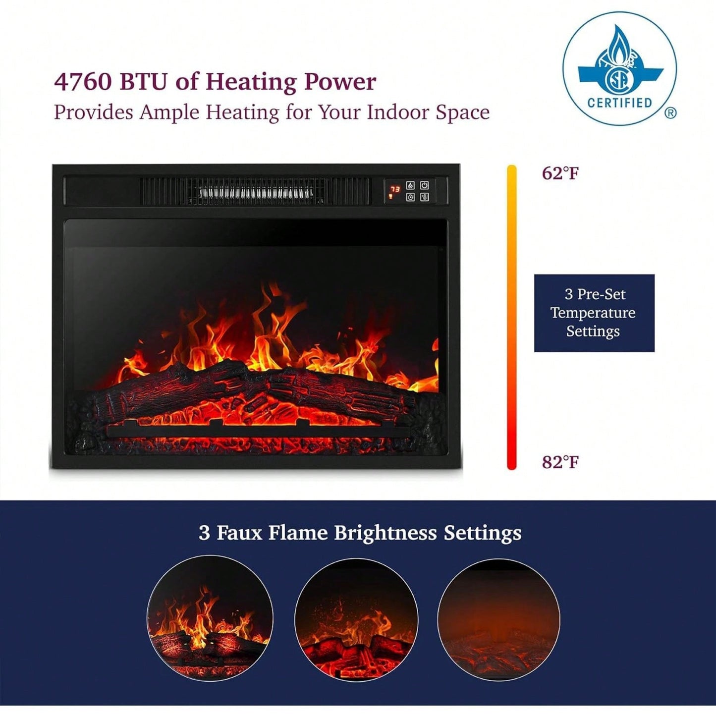 23 Inch Electric Fireplace Insert Heater with Remote Control Adjustable Realistic Logs and Flames 1400W for Indoor Heating Up to 300 Sq Ft