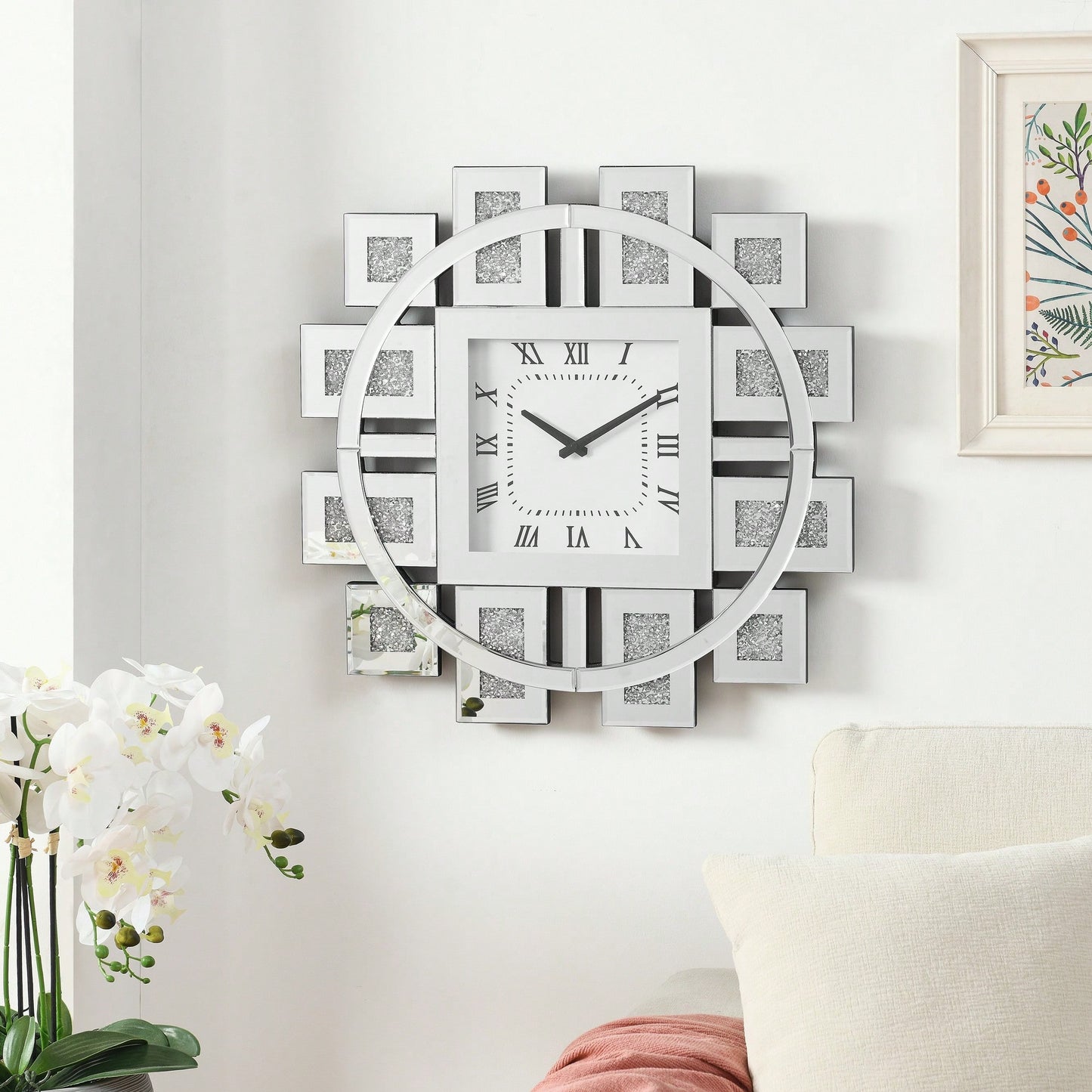 Elegant Square Wall Clock With Roman Numerals And Faux Gemstone Inlay In Mirrored Frame
