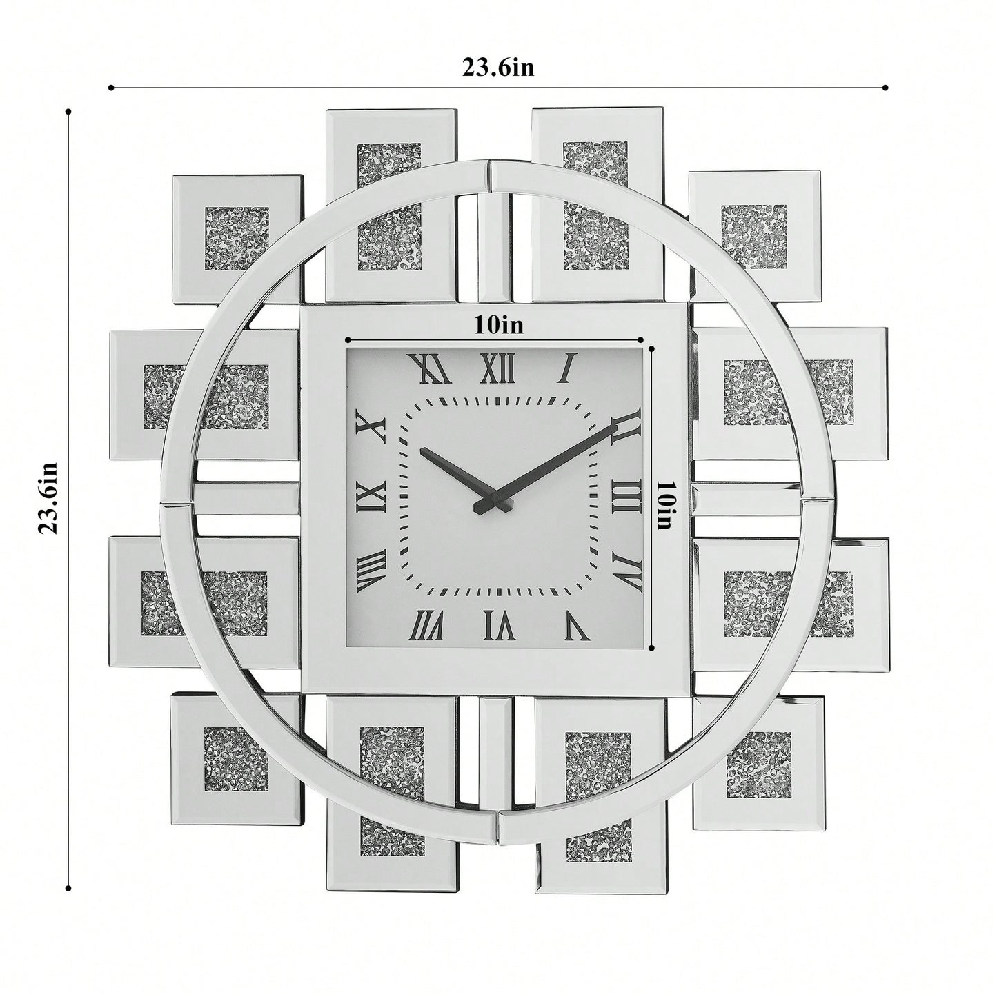 Elegant Square Wall Clock With Roman Numerals And Faux Gemstone Inlay In Mirrored Frame