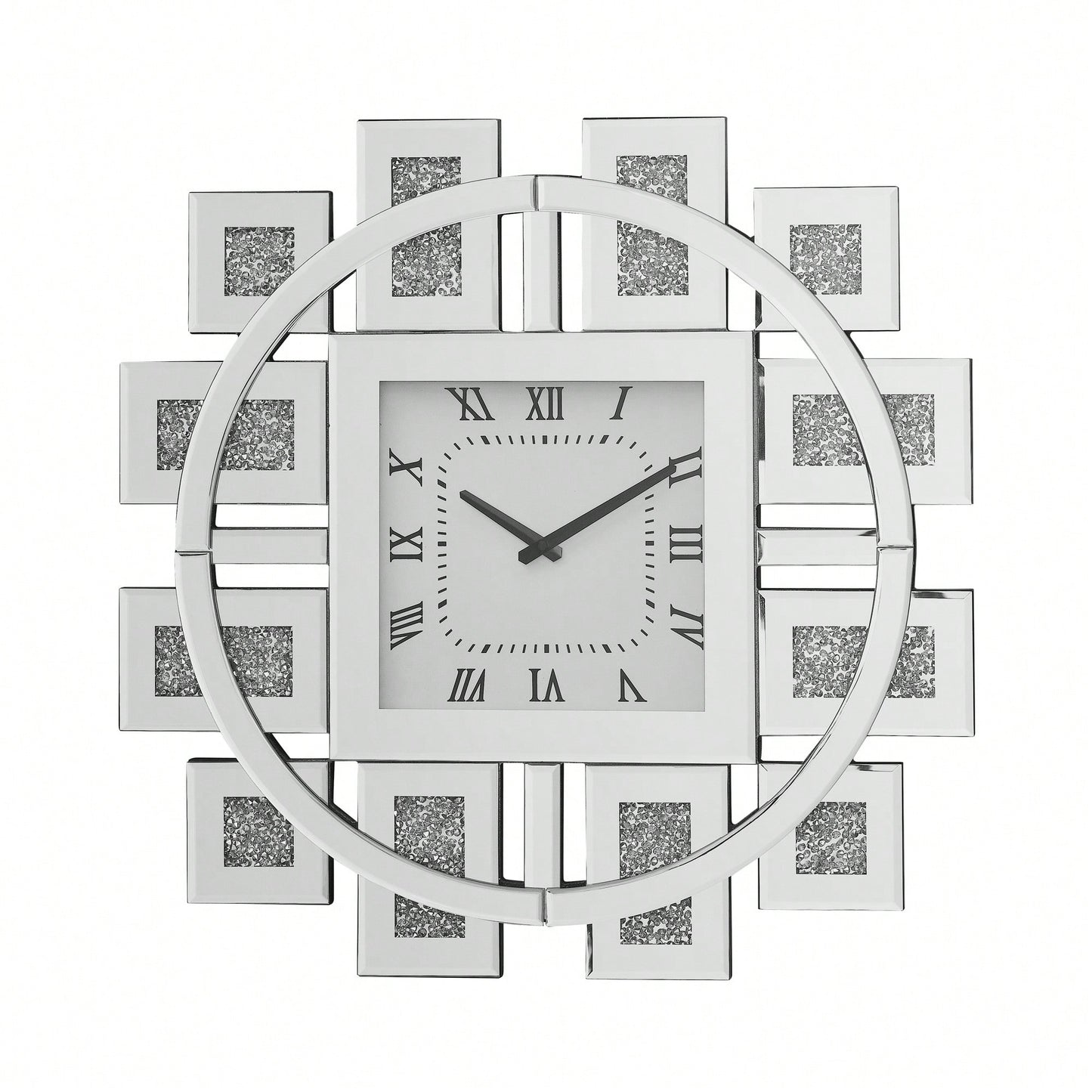 Elegant Square Wall Clock With Roman Numerals And Faux Gemstone Inlay In Mirrored Frame