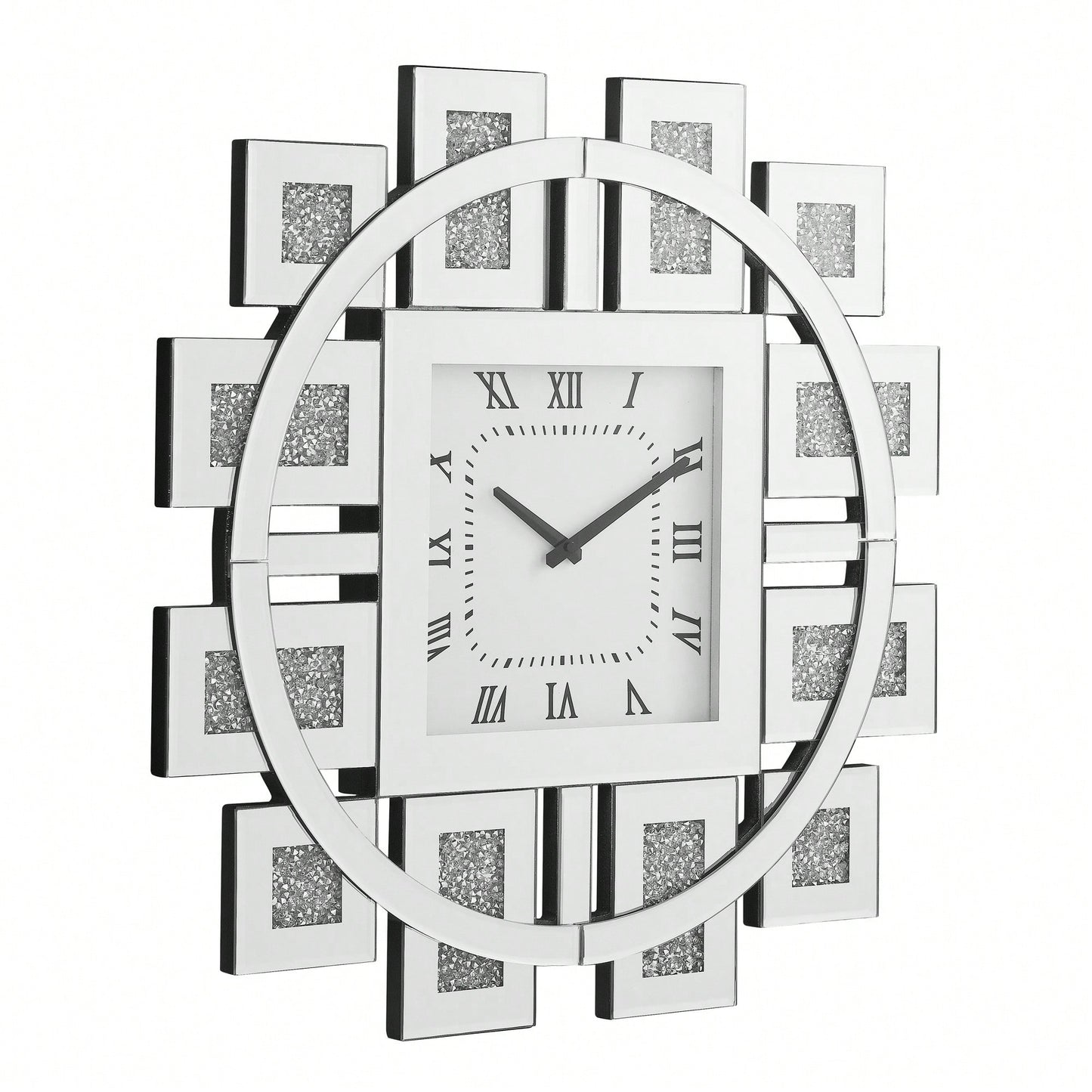 Elegant Square Wall Clock With Roman Numerals And Faux Gemstone Inlay In Mirrored Frame